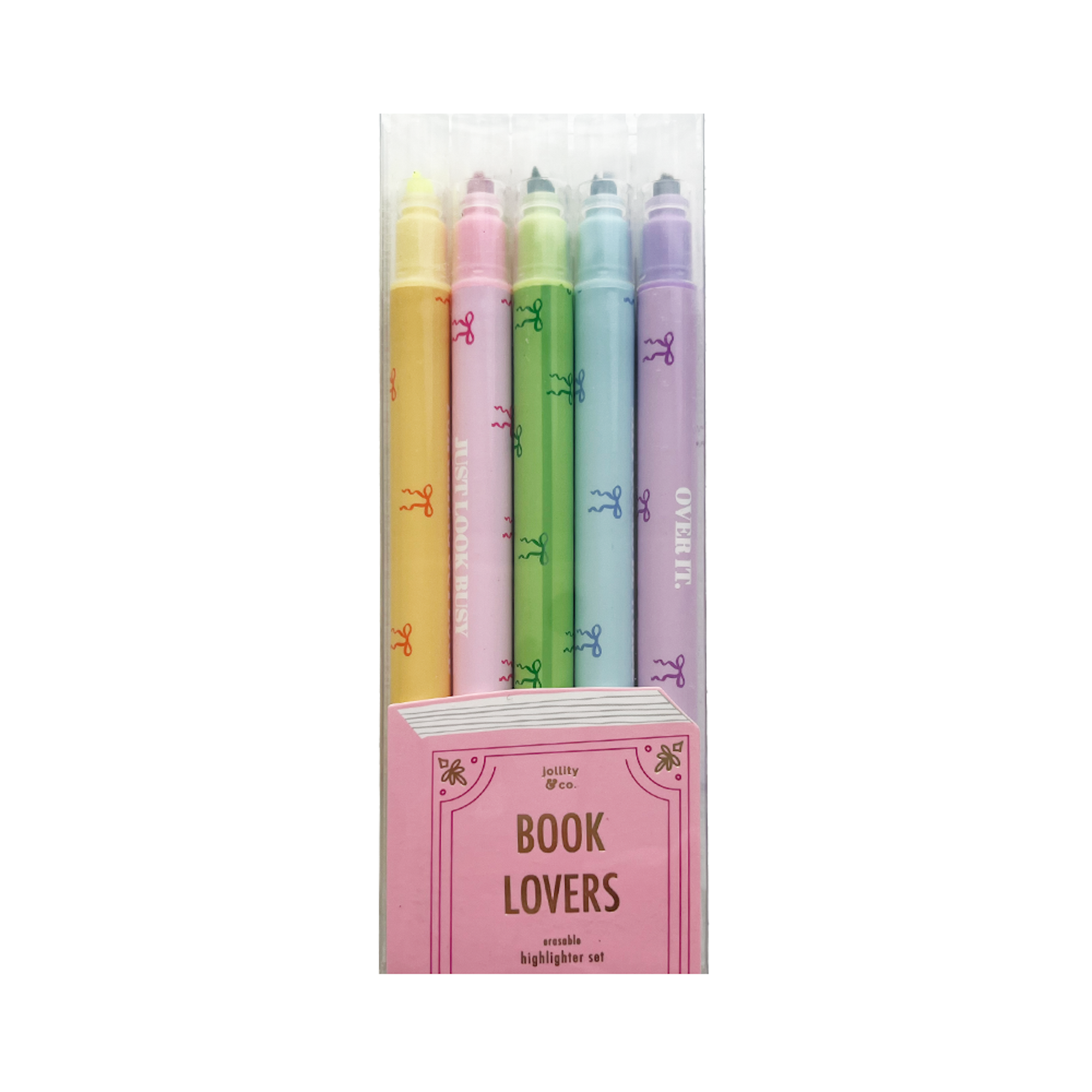 Book Club erasable highlighter set with pastel inks and book-themed barrel designs, set of 6, Jollity & Co.