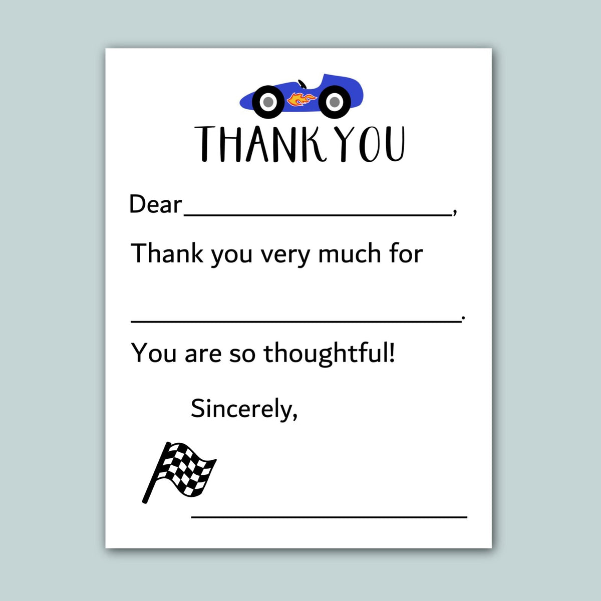 The image is a white card with a blue car and a checkered flag on it. The card has a blank space for a message of thanks, and it appears to be a simple, straightforward thank you note.