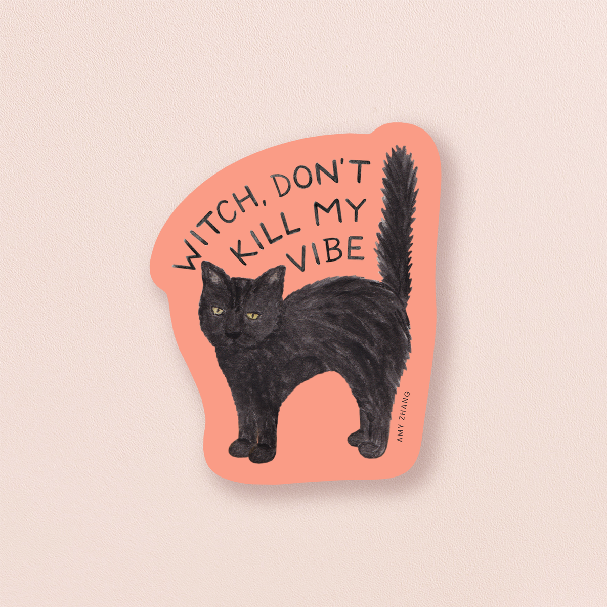 Sticker with a black cat and text &