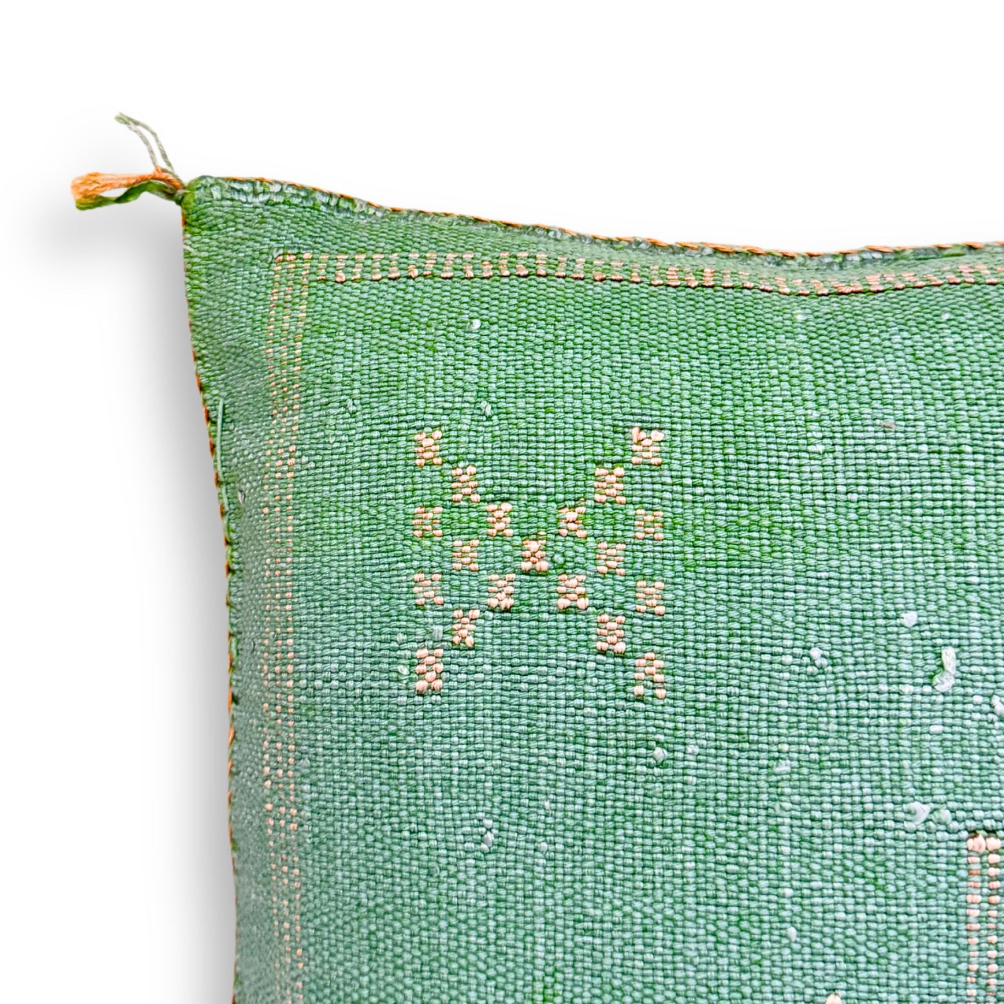 Green Sabra Cactus Silk Kilim Pillow Cover | Handwoven Moroccan Home Decor