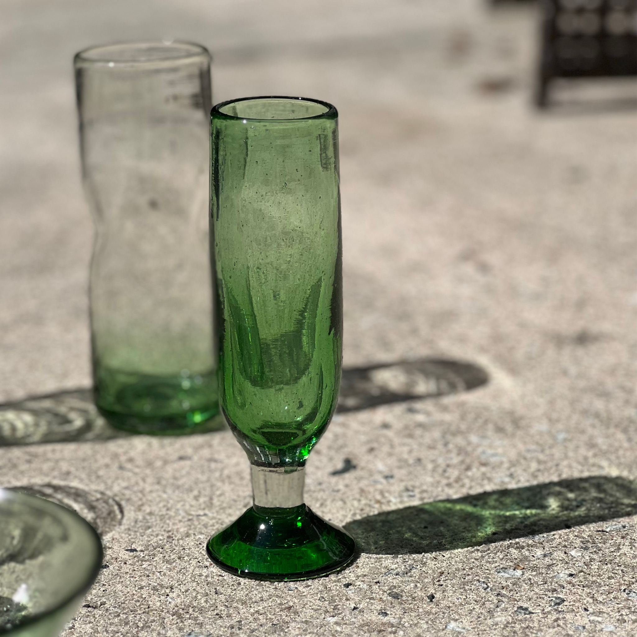 Handblown Green Champagne Flutes, Set of 2