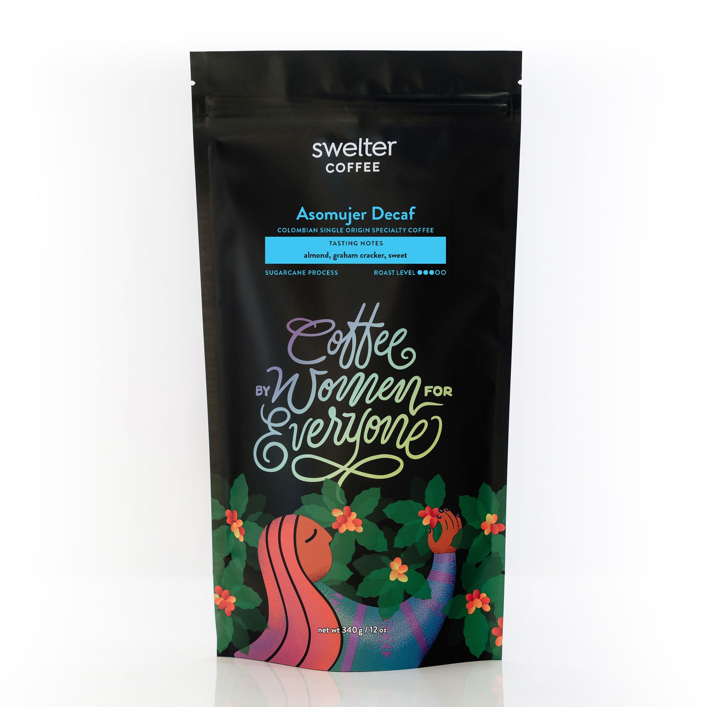 A bag of Swelter Coffee branded single origin Colombian decaf coffee from the Asomujer Women&