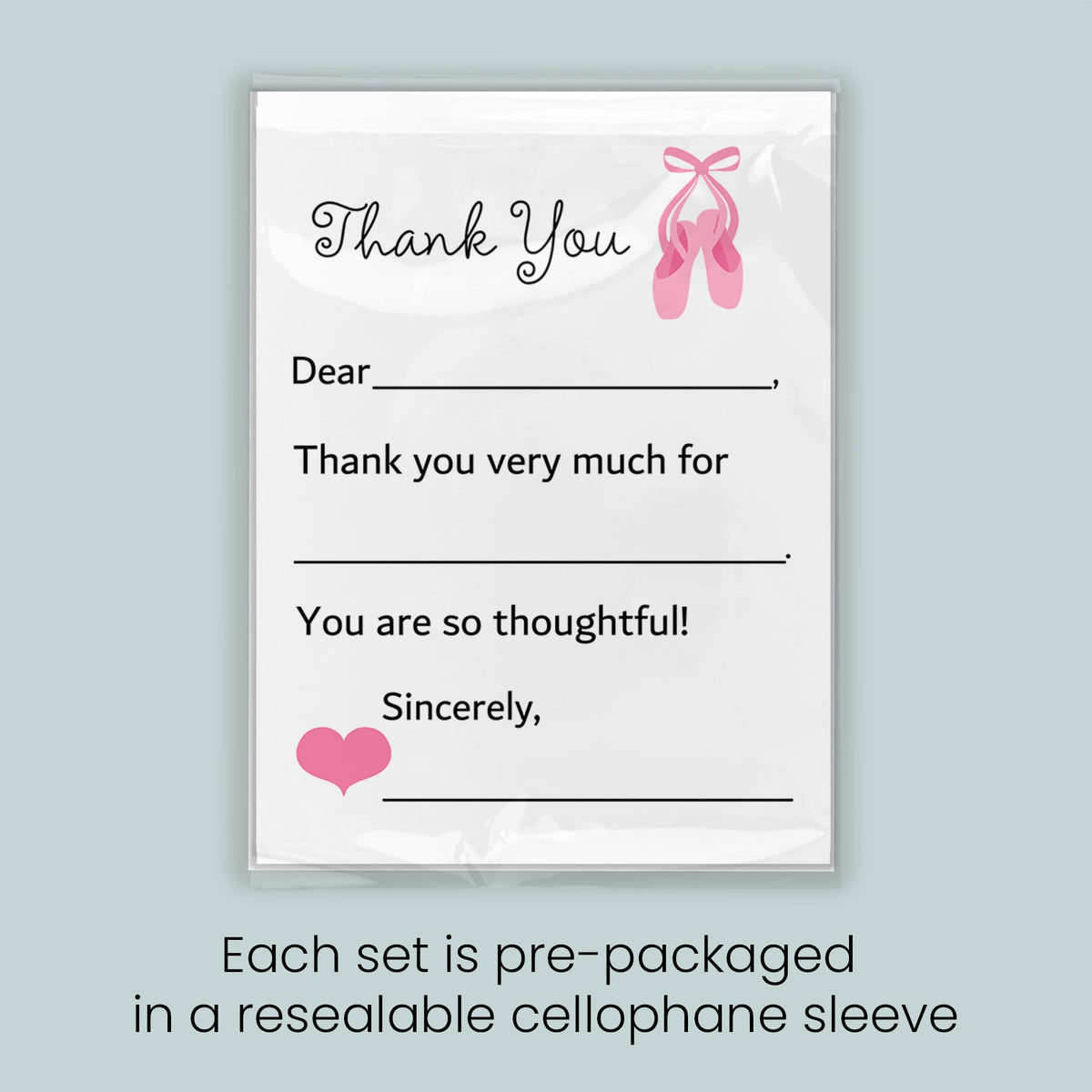 The image is a thank you card with a pink ballet shoe and heart design. Each set is pre-packaged in a resealable cellulophone sleeve.