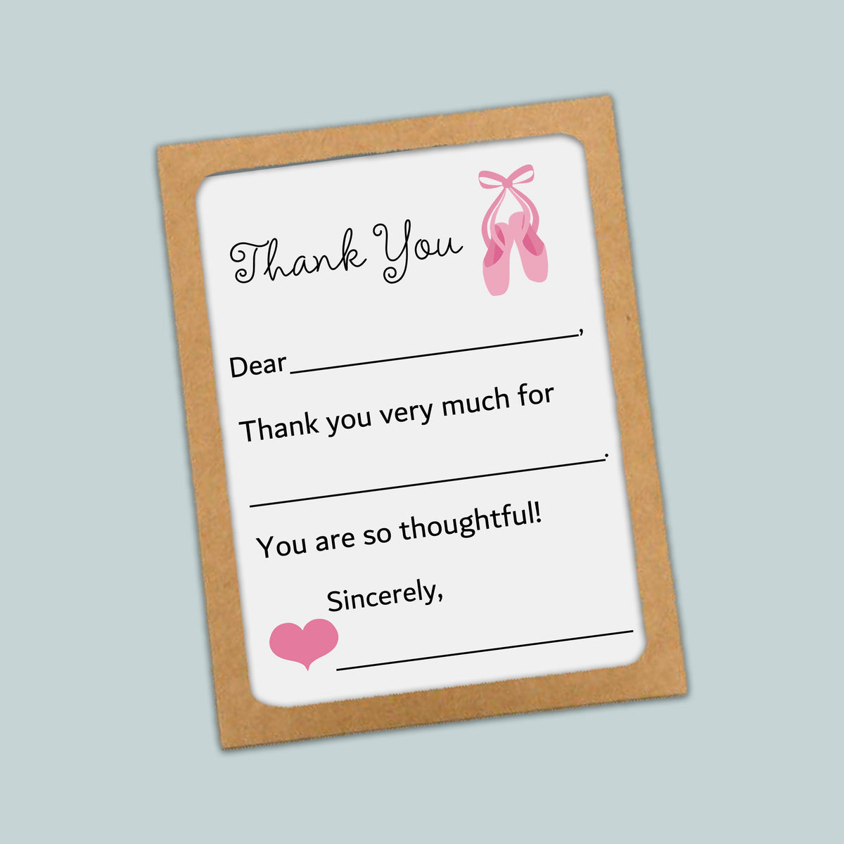 The image is a simple, handwritten note with a pink ballet shoe graphic and a heart symbol, expressing gratitude.