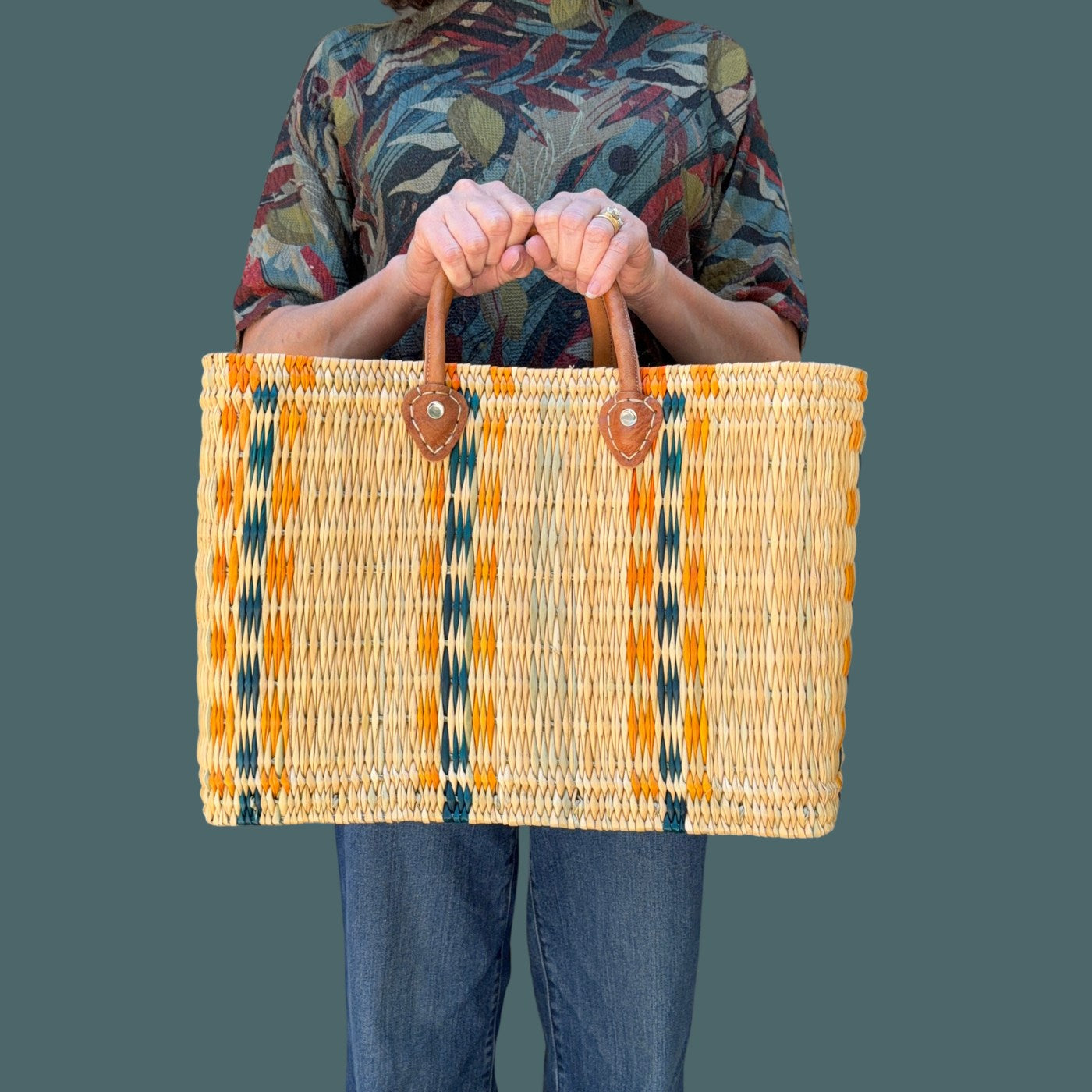 Structured Moroccan Market Basket Tote with Leather Handles with Accent Colors