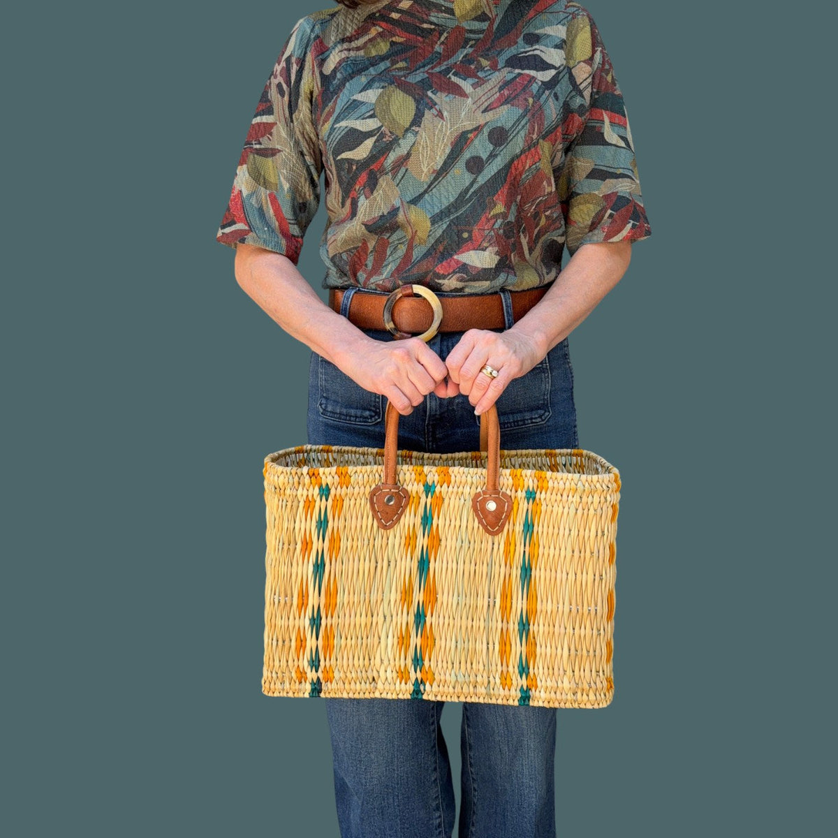 Structured Moroccan Market Basket Tote with Leather Handles with Accent Colors