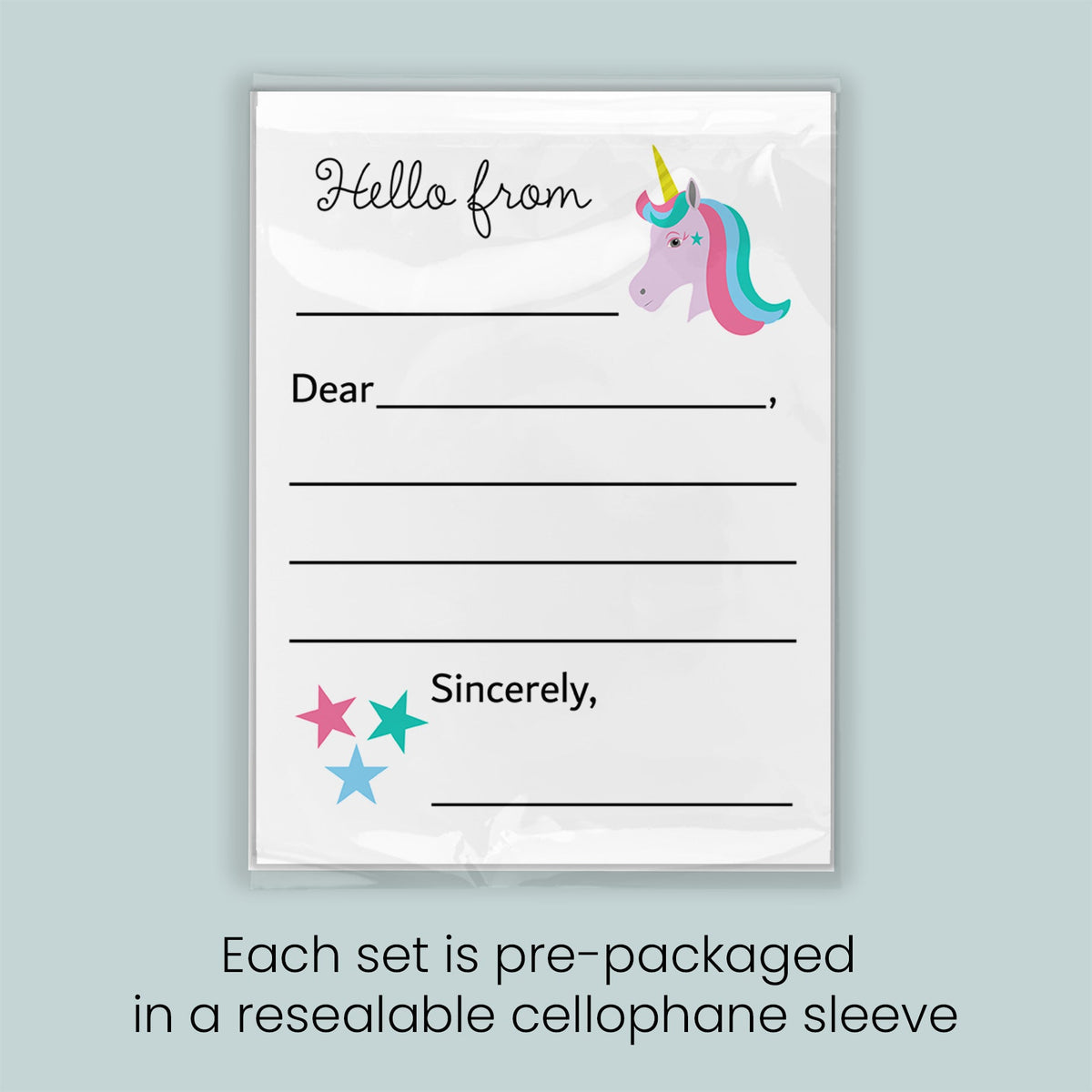 The image is a pre-packaged set of greeting cards featuring a unicorn and stars, with each card being pre-packaged in a resealable cellophane sleeve.