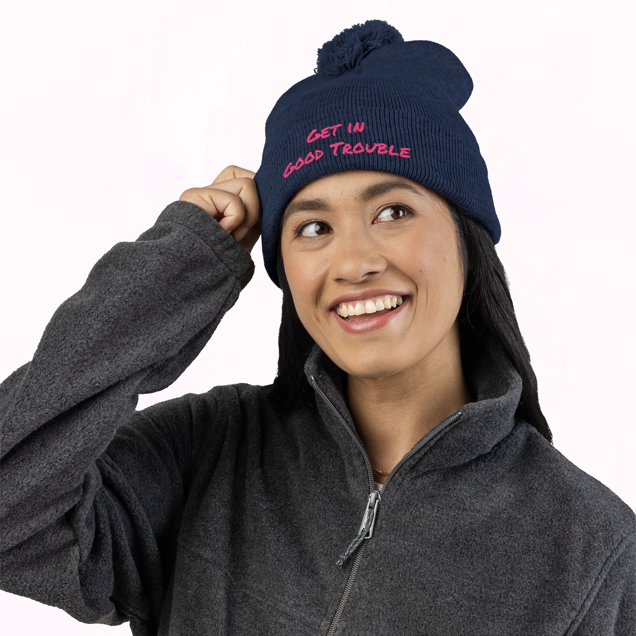 Pom-Pom Knit Cap - Embroidered &