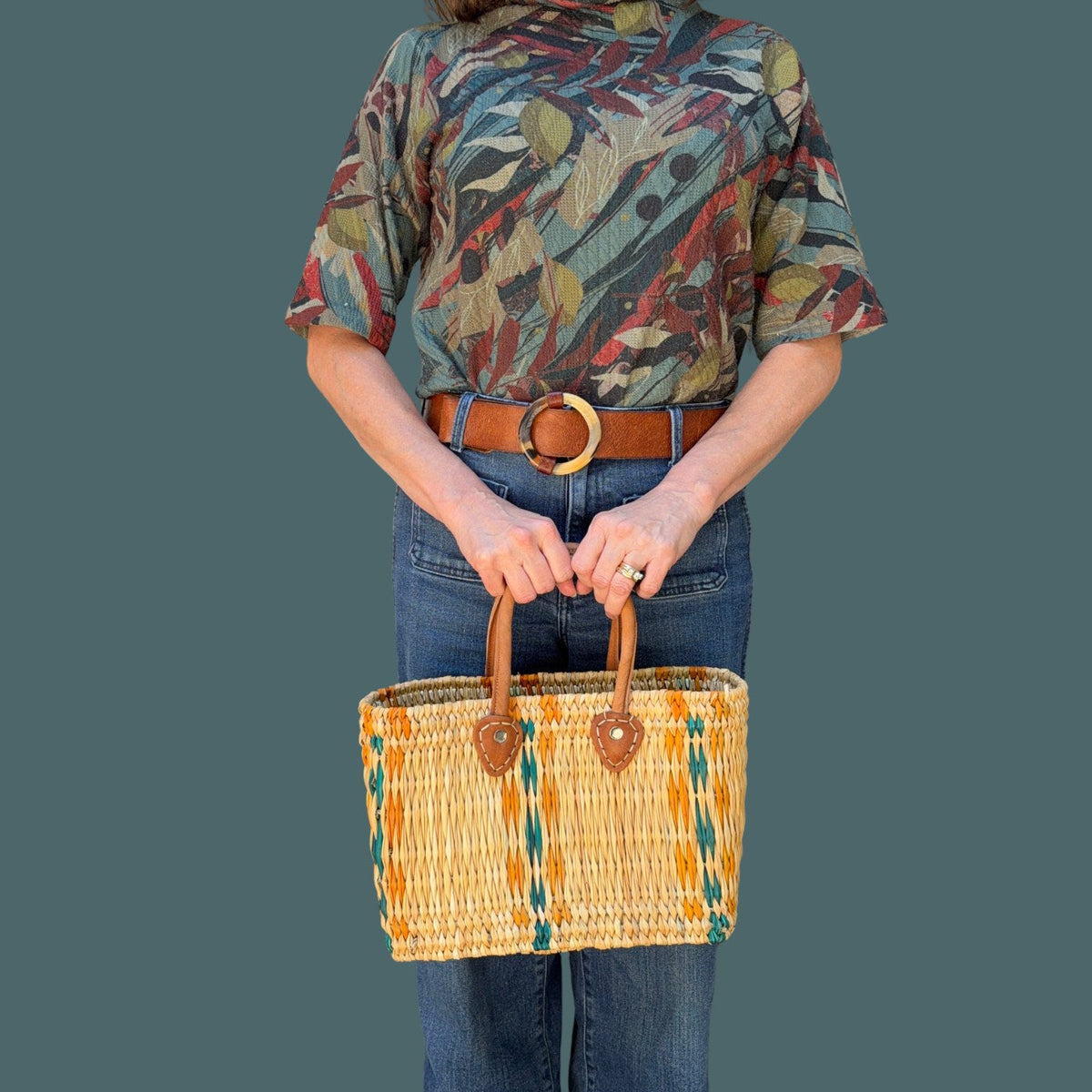 Structured Moroccan Market Basket Tote with Leather Handles with Accent Colors