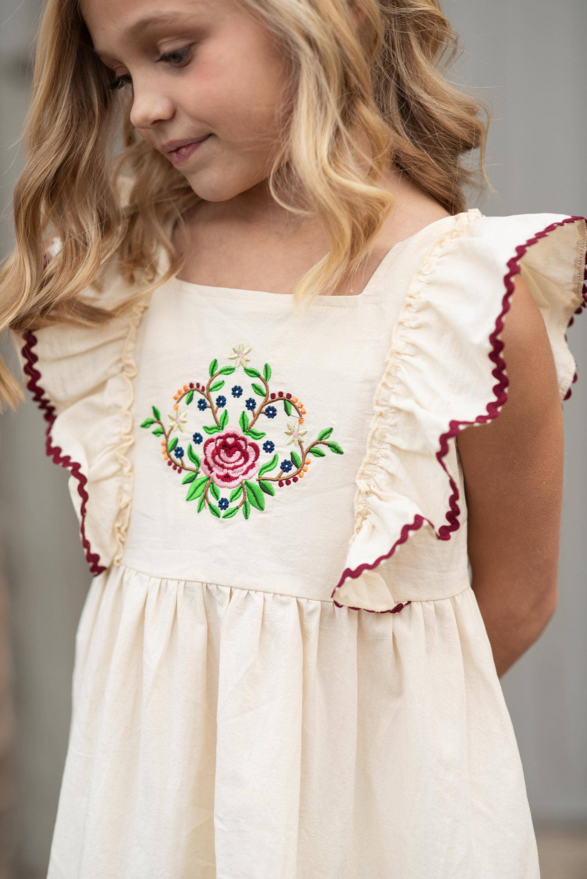 Kids Cream & Burgundy Floral Embroidered Pinafore Dress