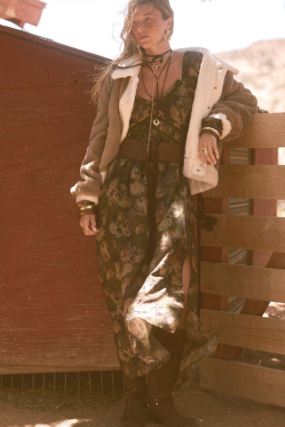 Floral-Print Velvet-Trimmed Bubble-Sleeve Maxi Dress
