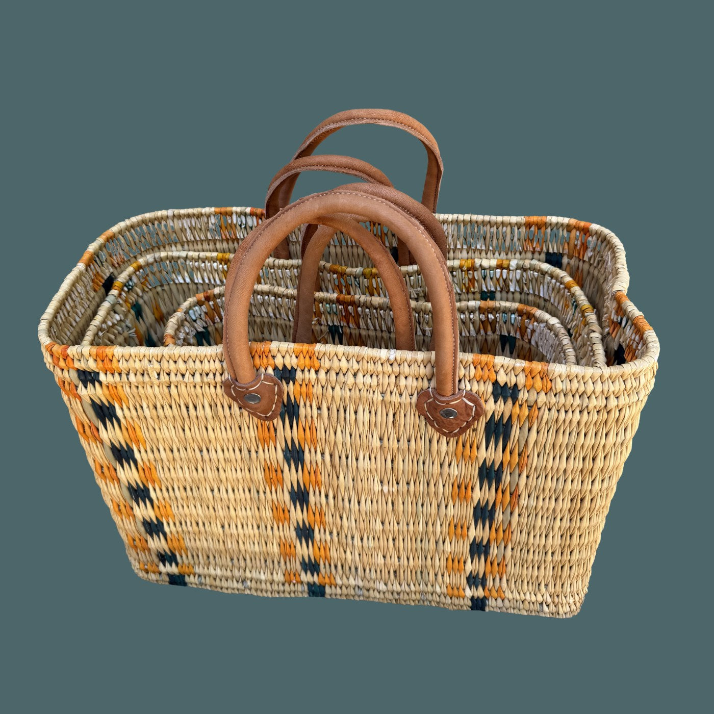 Structured Moroccan Market Basket Tote with Leather Handles with Accent Colors