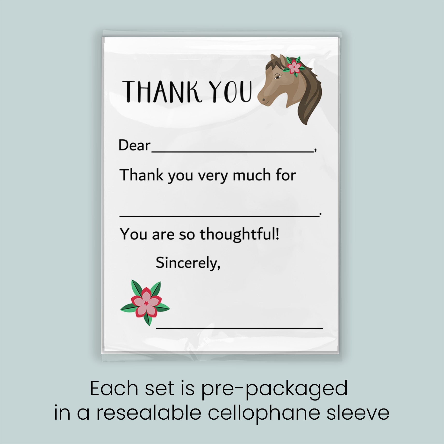 The image is a thank you card with a horse illustration and a pink flower. Each set is pre-packaged in a resealable cellophane sleeve.