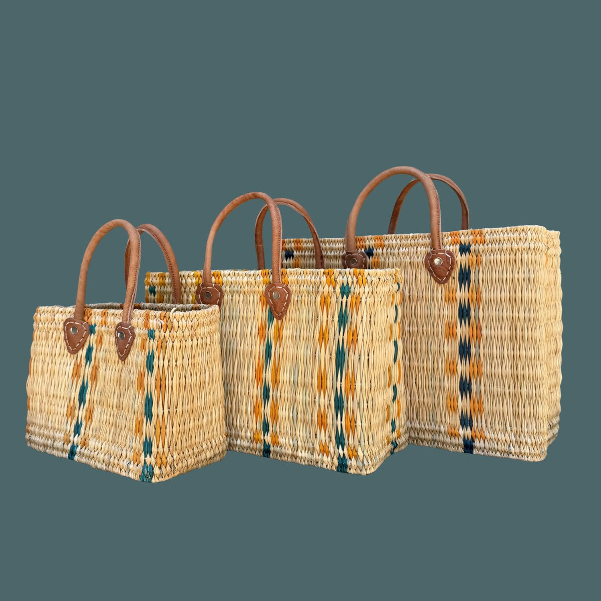 Structured Moroccan Market Basket Tote with Leather Handles with Accent Colors