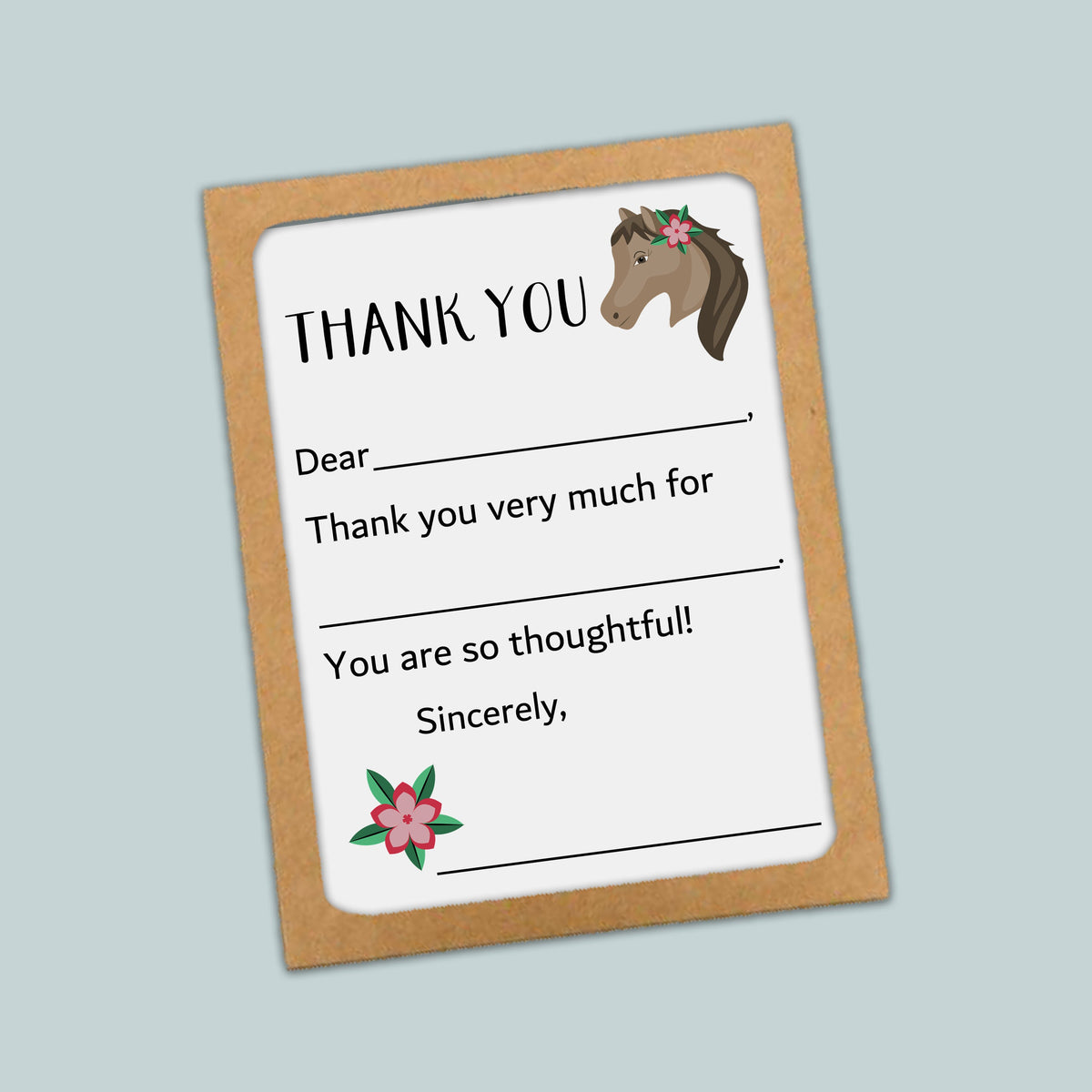 The image is a blank thank you card with a horse illustration on the top left corner.