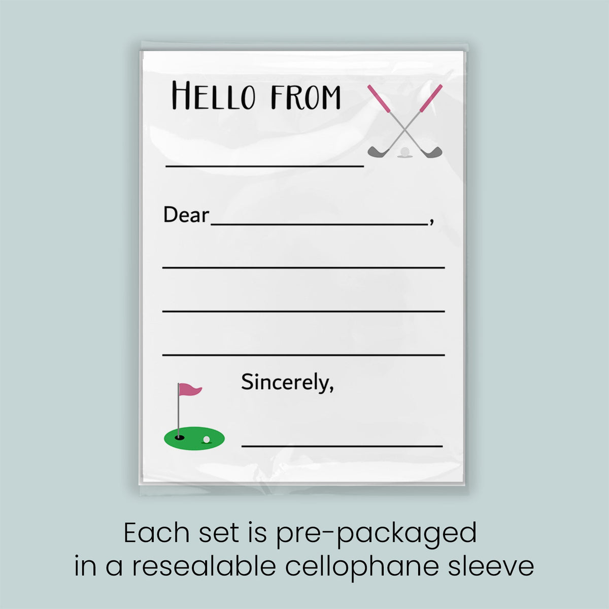 The image is a greeting card with a blank space for a message, a golf club symbol, and a flag, all set against a light blue background. Each set is pre-packaged in a resealable cellophane sleeve.