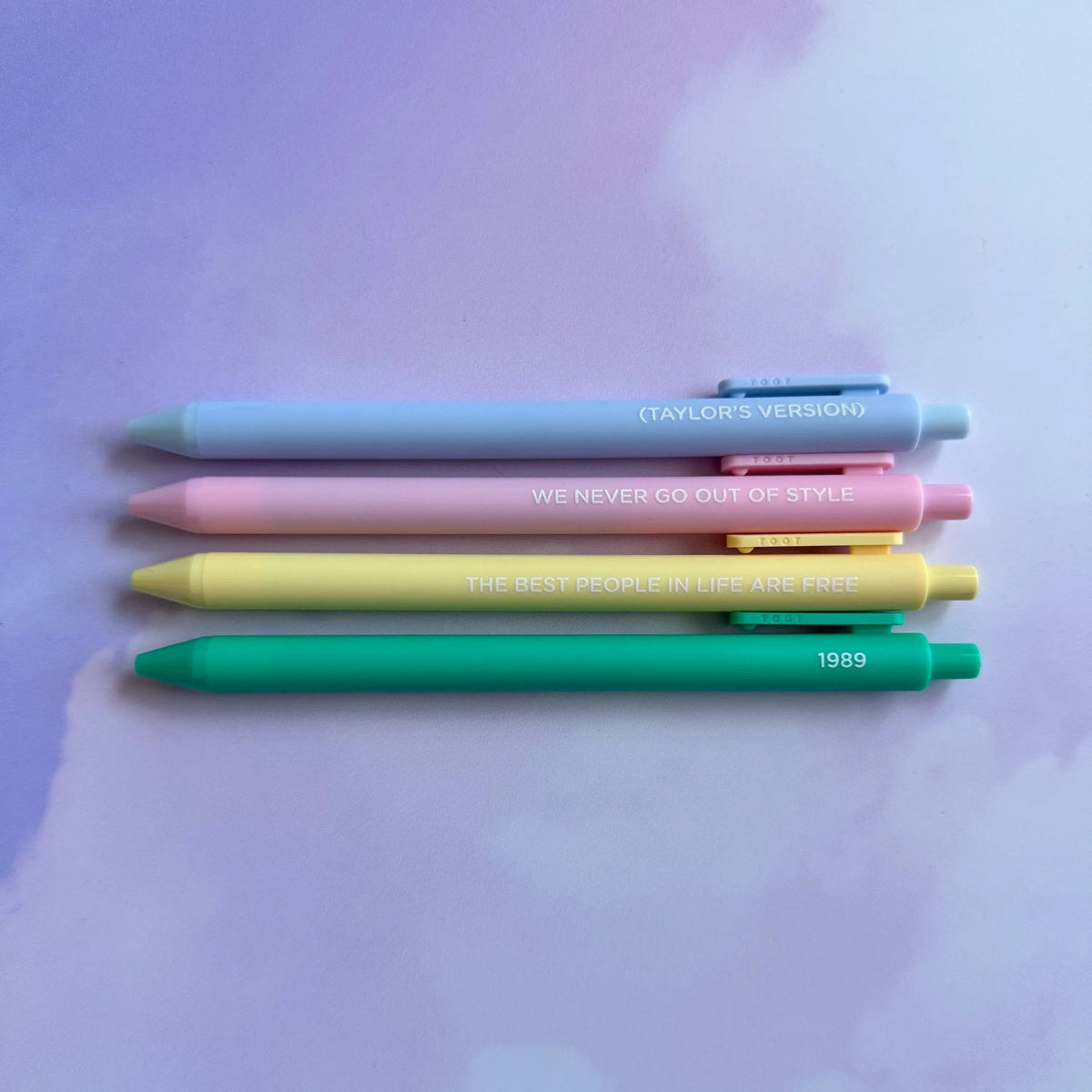 1989 Pen Set close-up — banana and teal jotter pens with black gel ink by indie artist MangoIllustrated