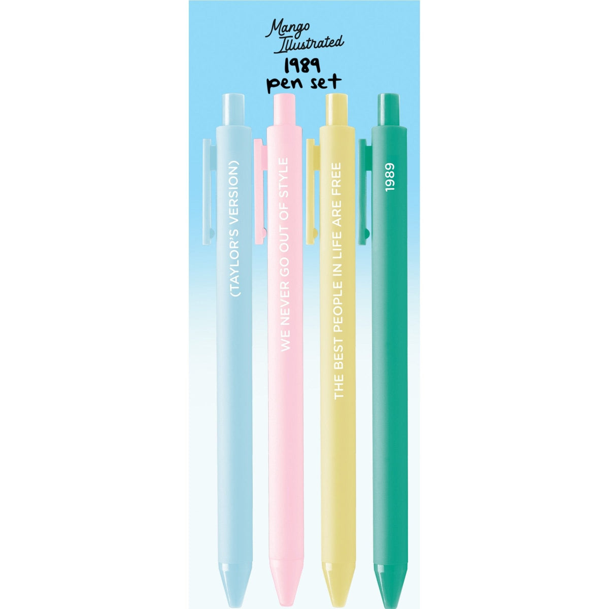 1989 Pen Set in its cello sleeve with card backing — stationery gift by indie artist MangoIllustrated