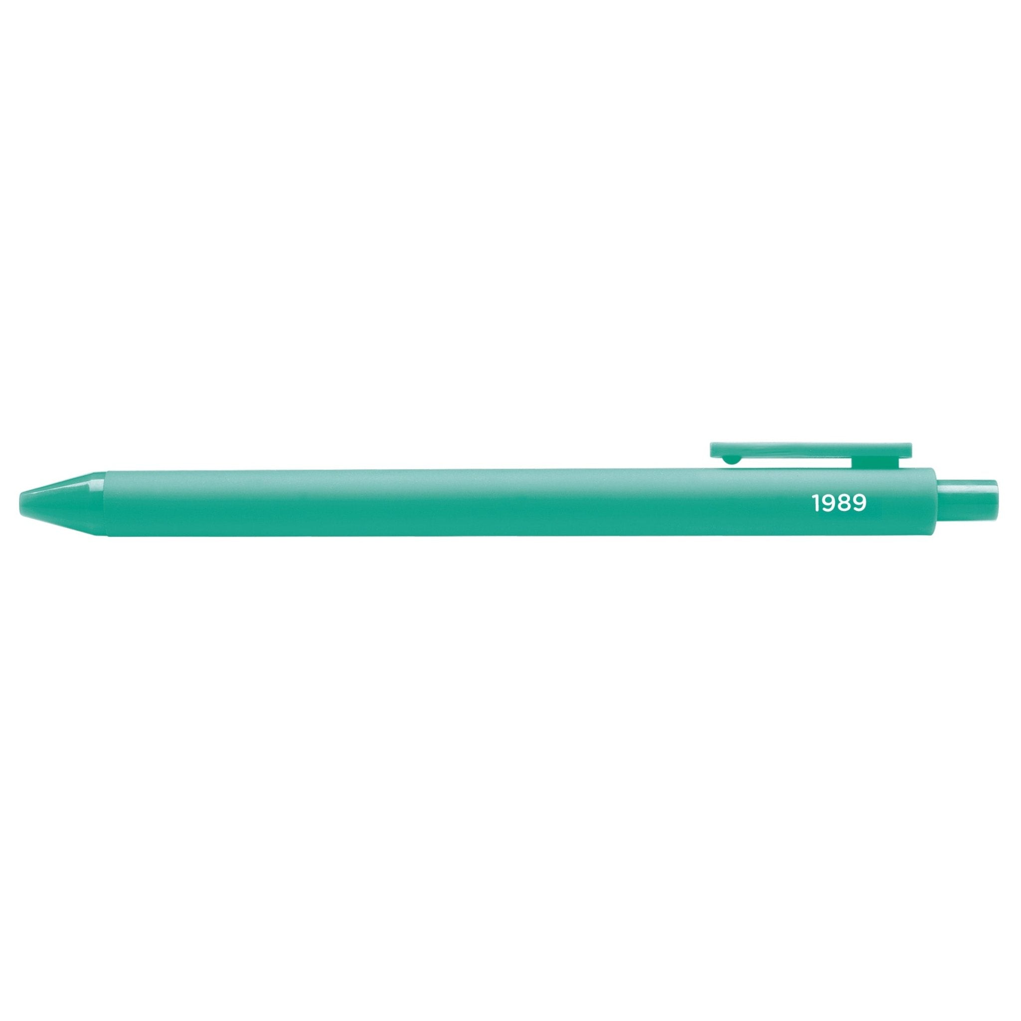 1989 jotter pen — teal barrel with the year embossed and black gel ink, 0.5mm fine point, by MangoIllustrated