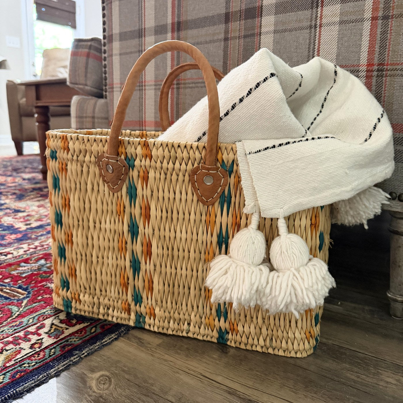 Structured Moroccan Market Basket Tote with Leather Handles with Accent Colors