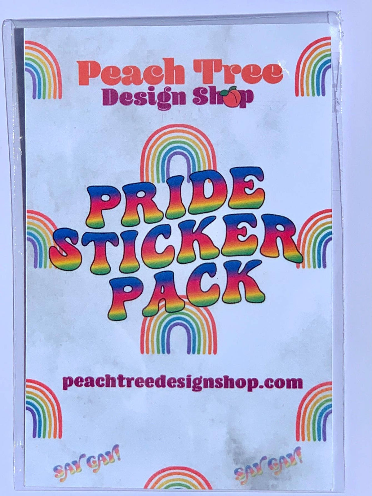 Pride sticker pack with rainbow design and Peach Tree Design Shop branding.