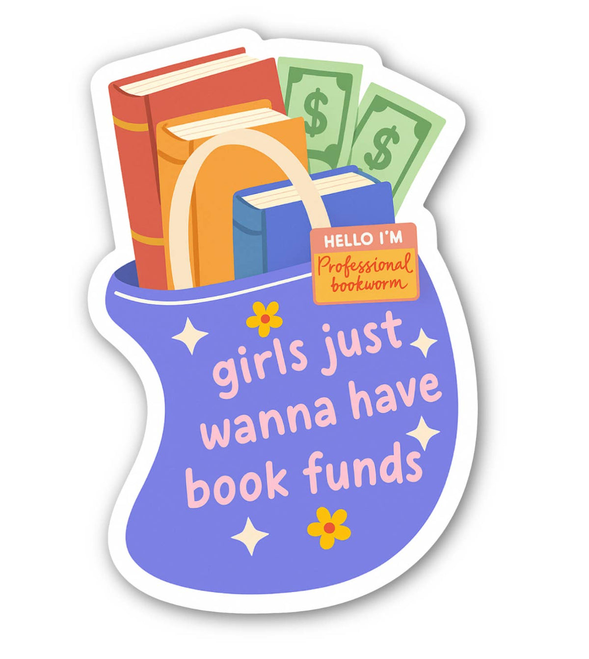 Sticker with books, money, and a purple bag with text on a white background