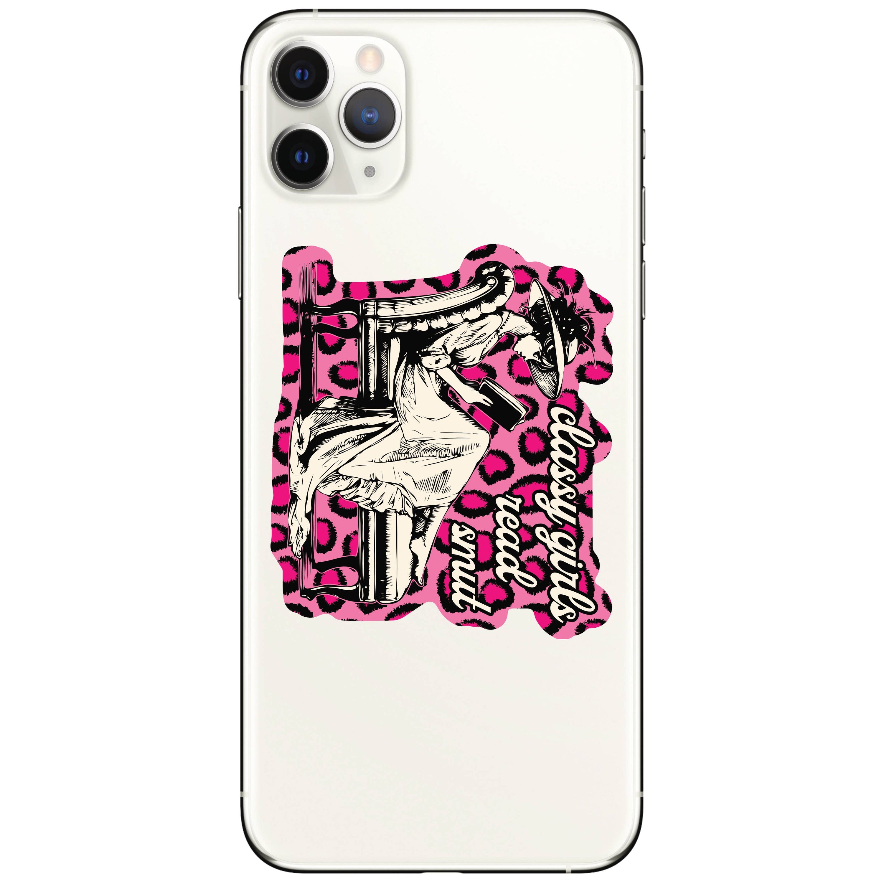 Phone case with pink leopard print and black and white design on a white background