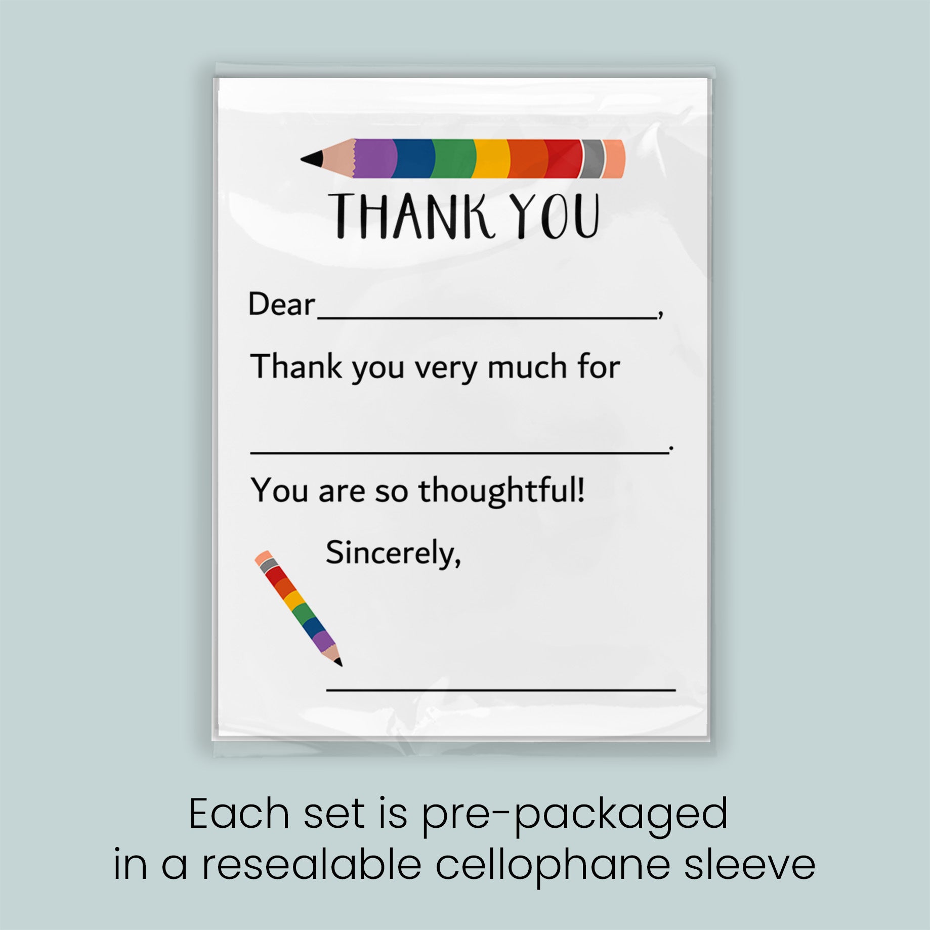 The image is a thank you card with a pencil graphic, and each set is pre-packaged in a resealable cellophane sleeve.