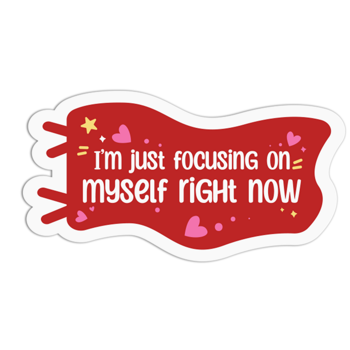 Red speech bubble with white text &