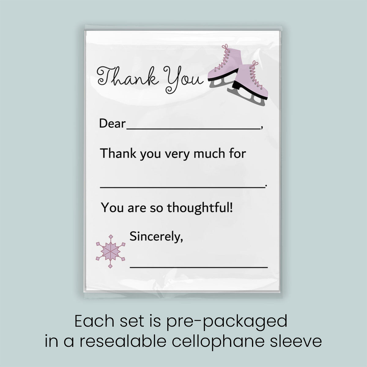 The image is a thank you card with a pair of pink skates and a snowflake graphic. Each set is pre-packaged in a resealable cellophane sleeve.