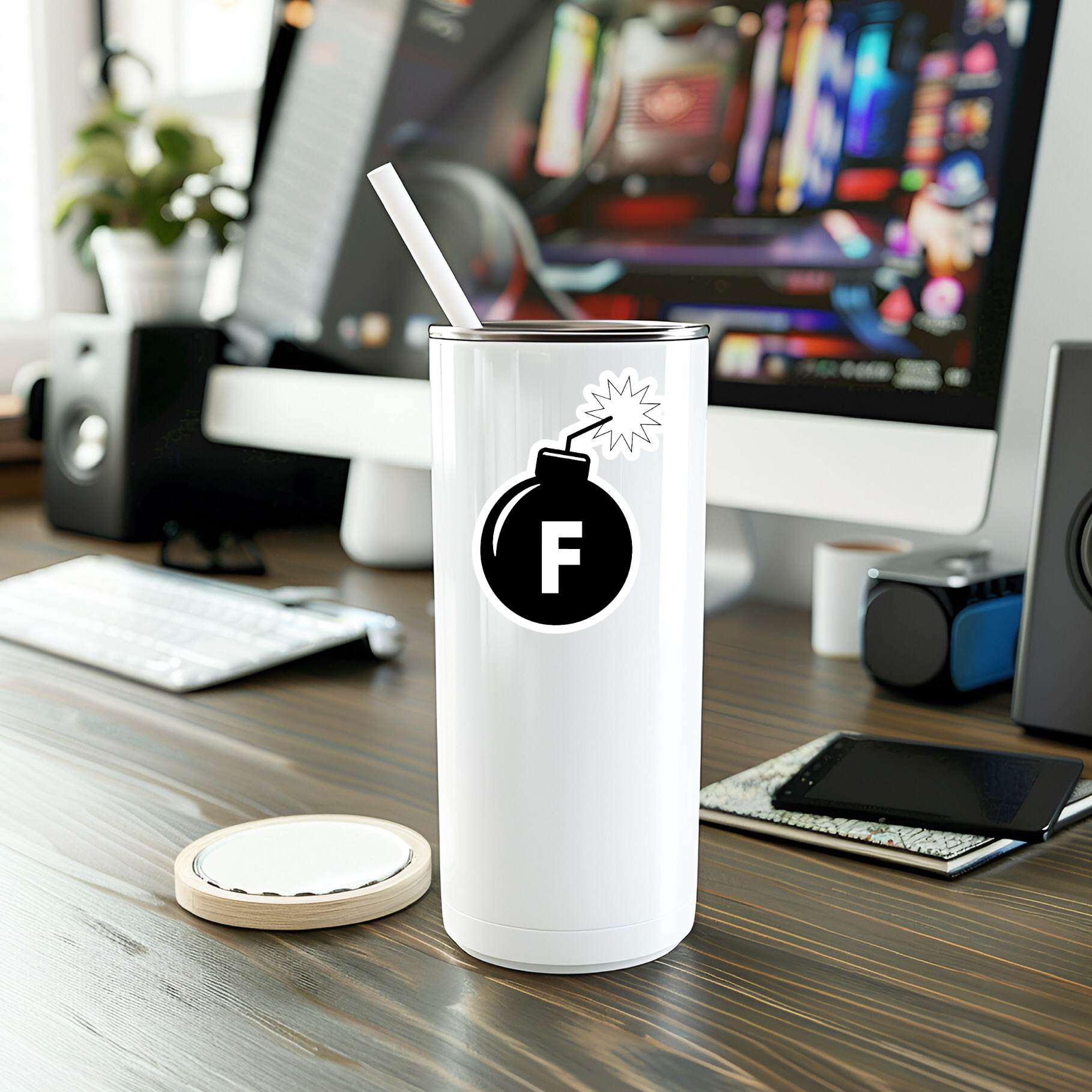 White tumbler with a logo on a desk in an office setting
