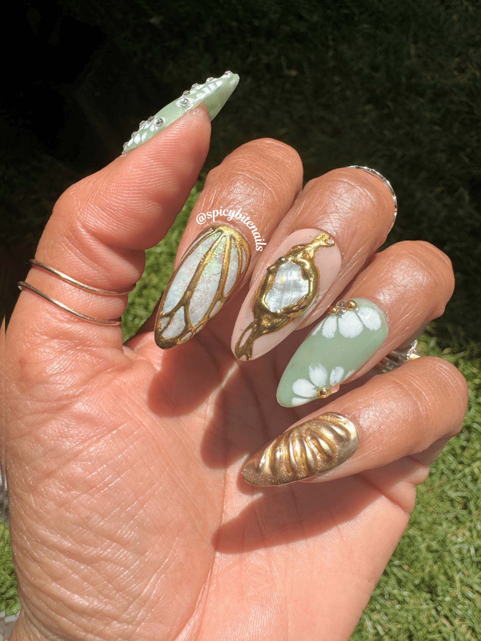 Moss and Moonlight – Sage Green and Gold Chrome Floral and Opal Elegant Press-On Nail Extensions 10pcs