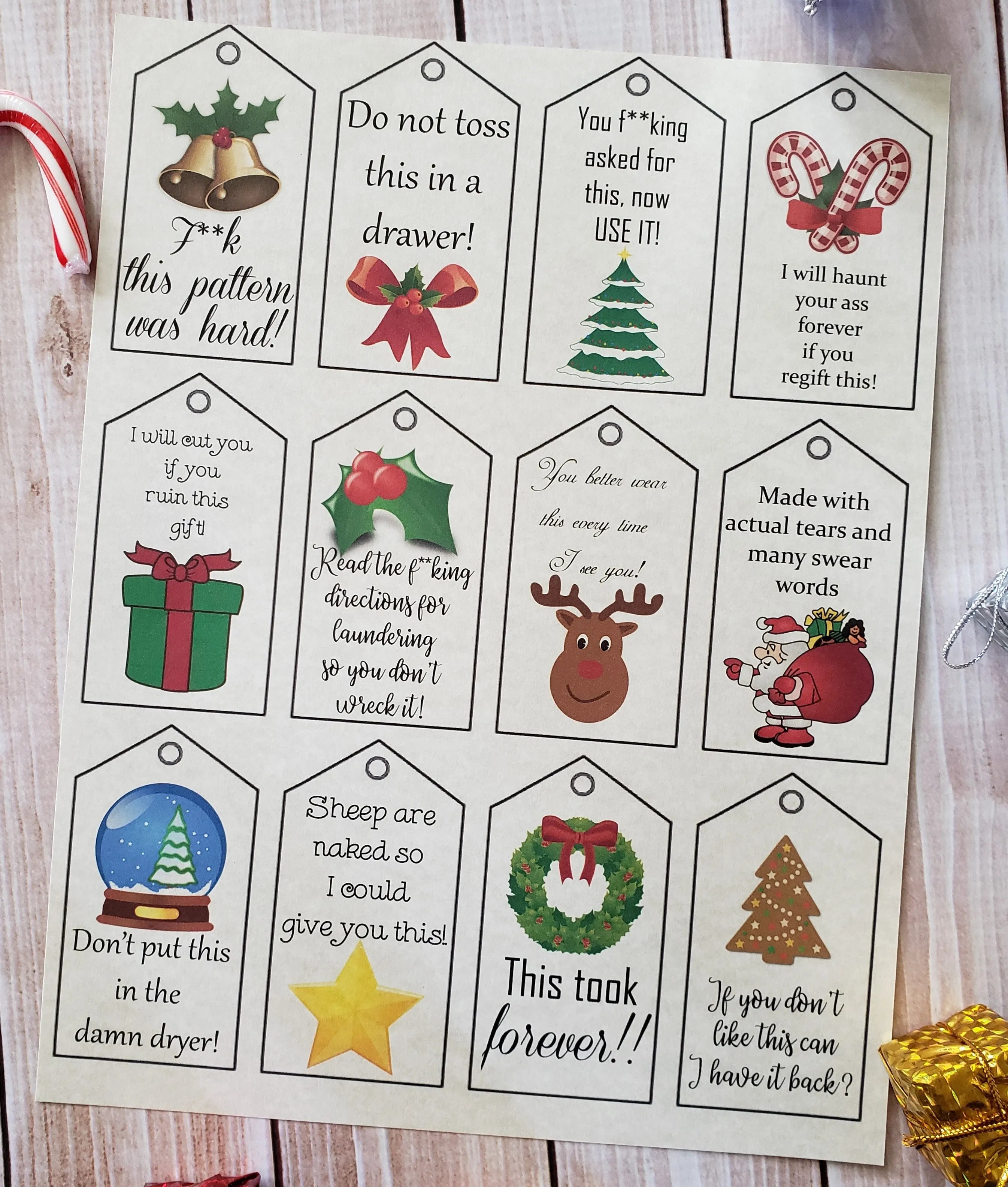 Censored Swearing Christmas Craft Double Sided Gift Tag - PDF File Only - Instant Download - Knitting Crochet Present Label