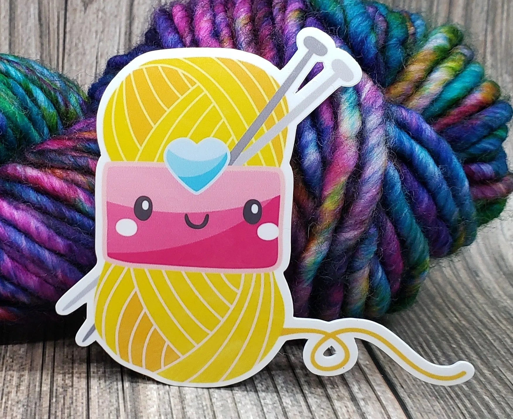 Cute Yellow Yarn With Knitting Needles Vinyl Sticker