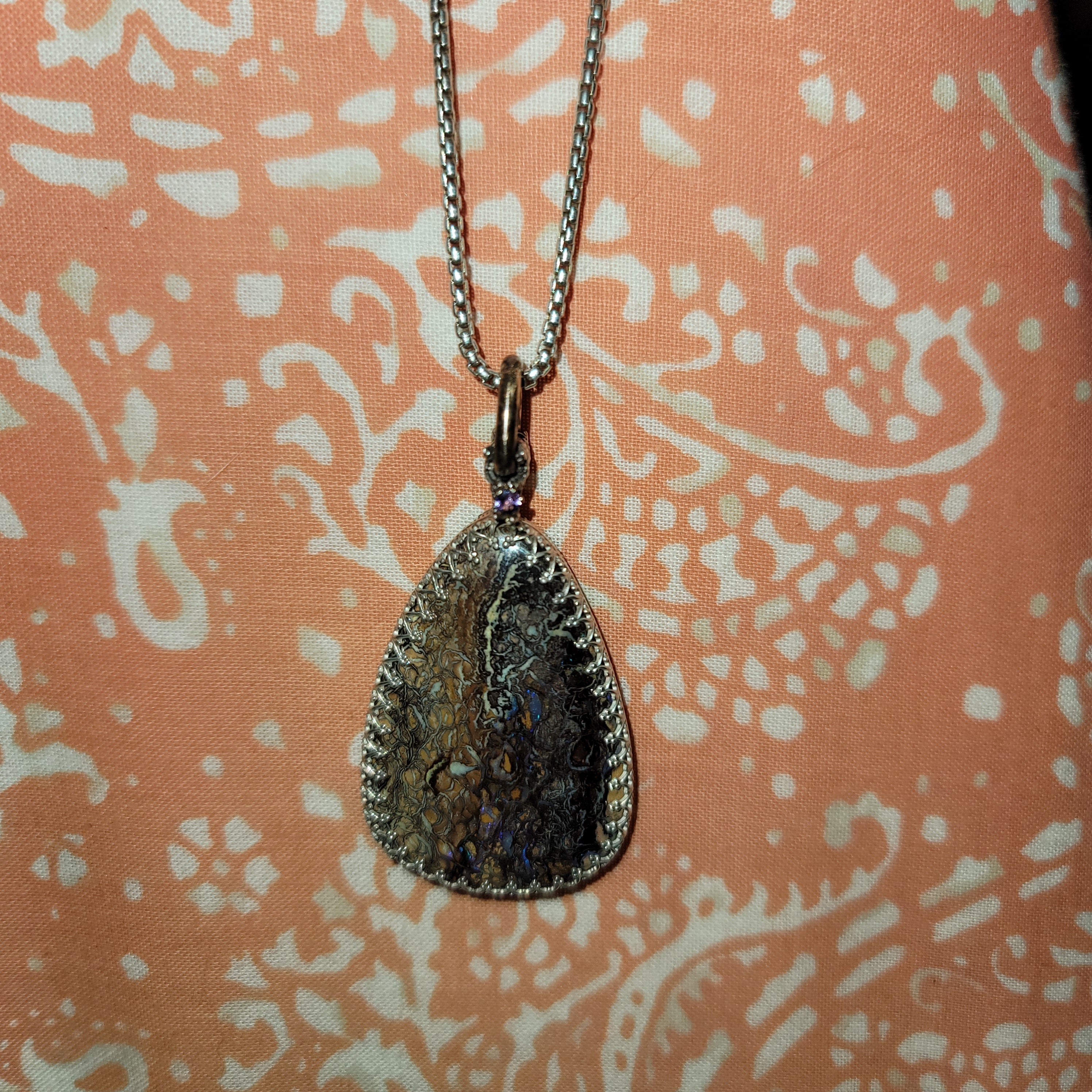 Boulder Opal Sterling Silver Pendant, 2.25 inch, Sapphire Accent, 24 inch Chain