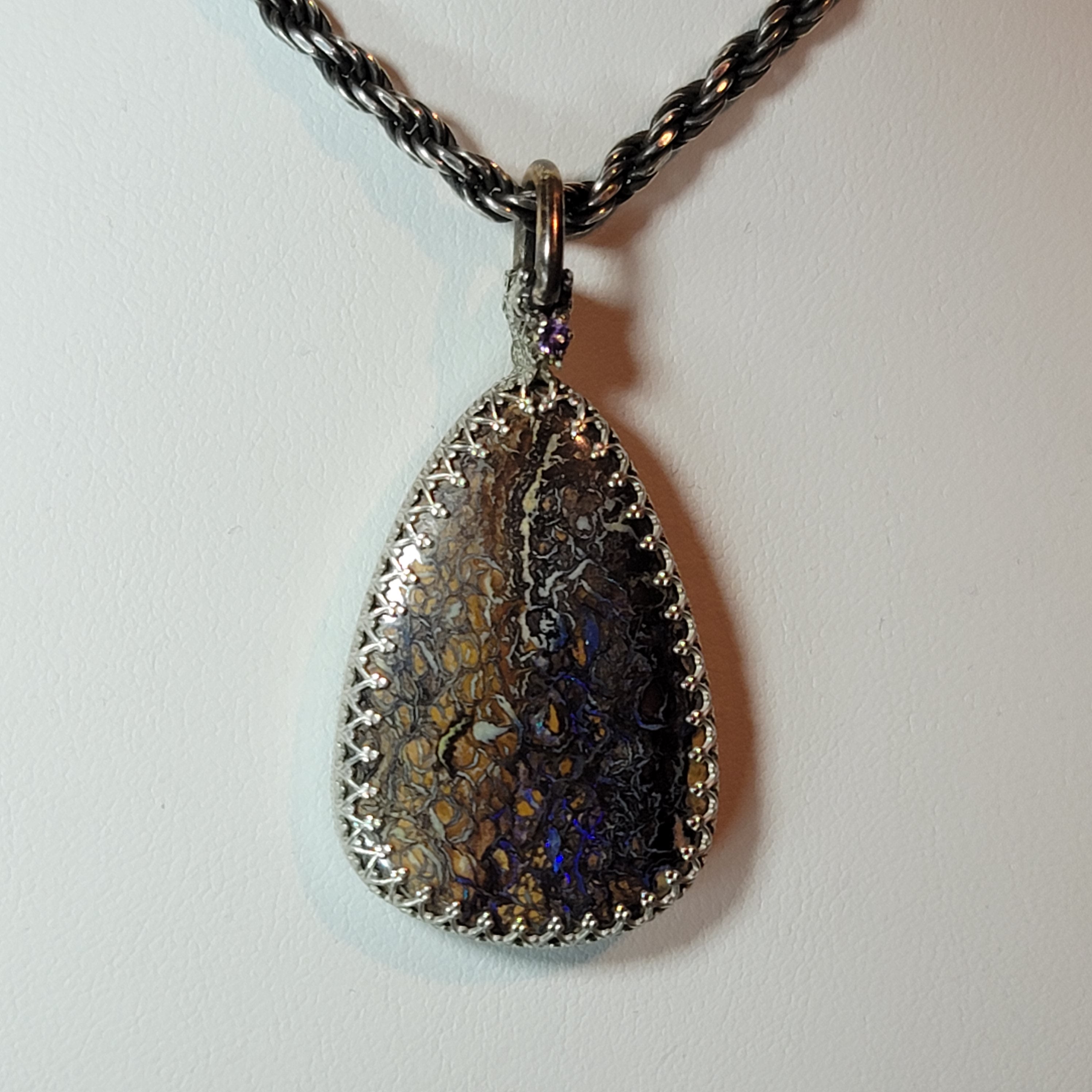 Boulder Opal Sterling Silver Pendant, 2.25 inch, Sapphire Accent, 24 inch Chain