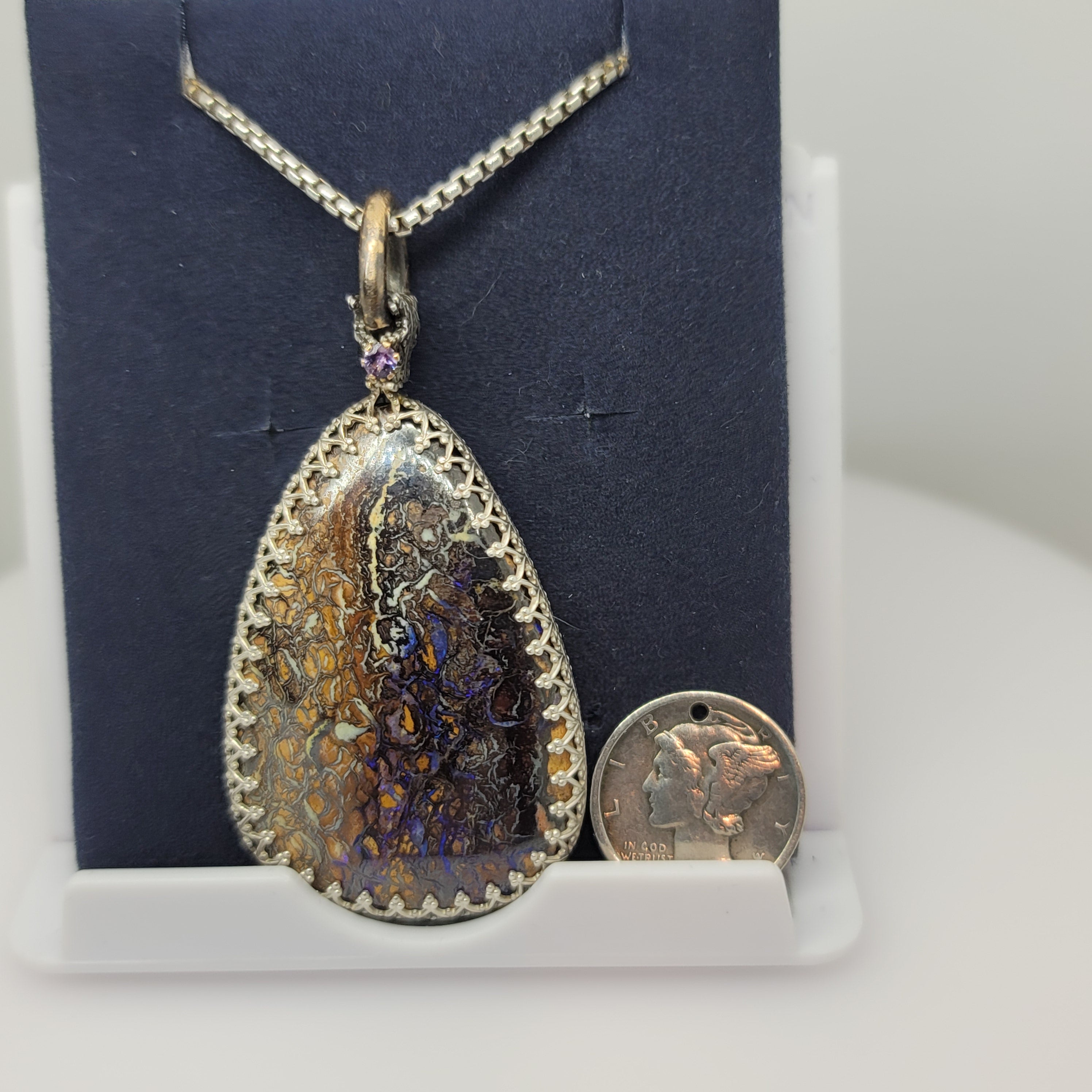 Boulder Opal Sterling Silver Pendant, 2.25 inch, Sapphire Accent, 24 inch Chain