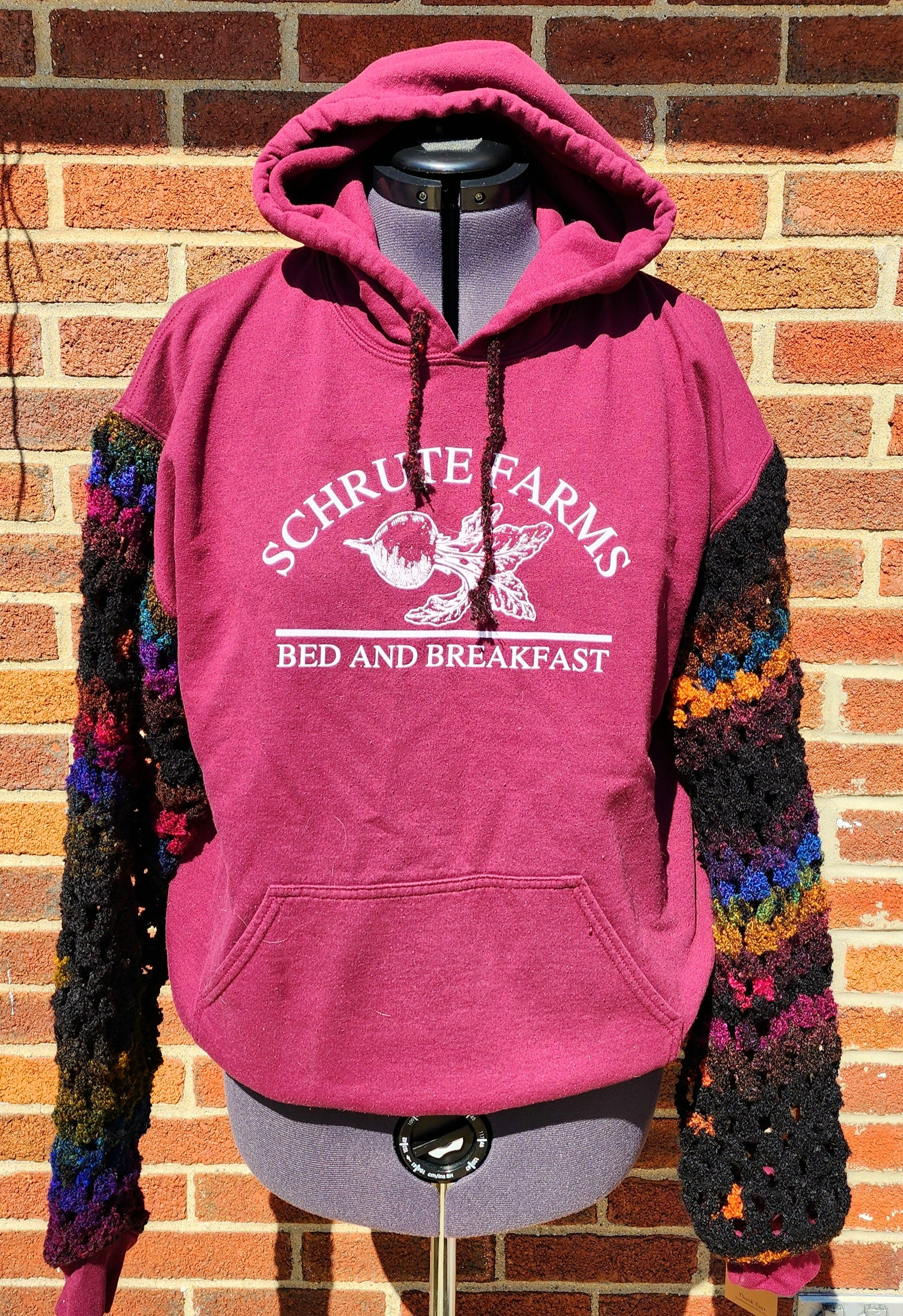 Upcycled Shrute Farms Crochet Hoodie
