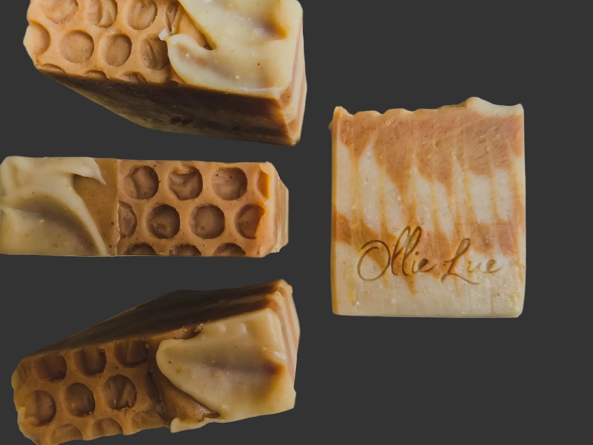 Close-up of soap bars with a textured surface and &