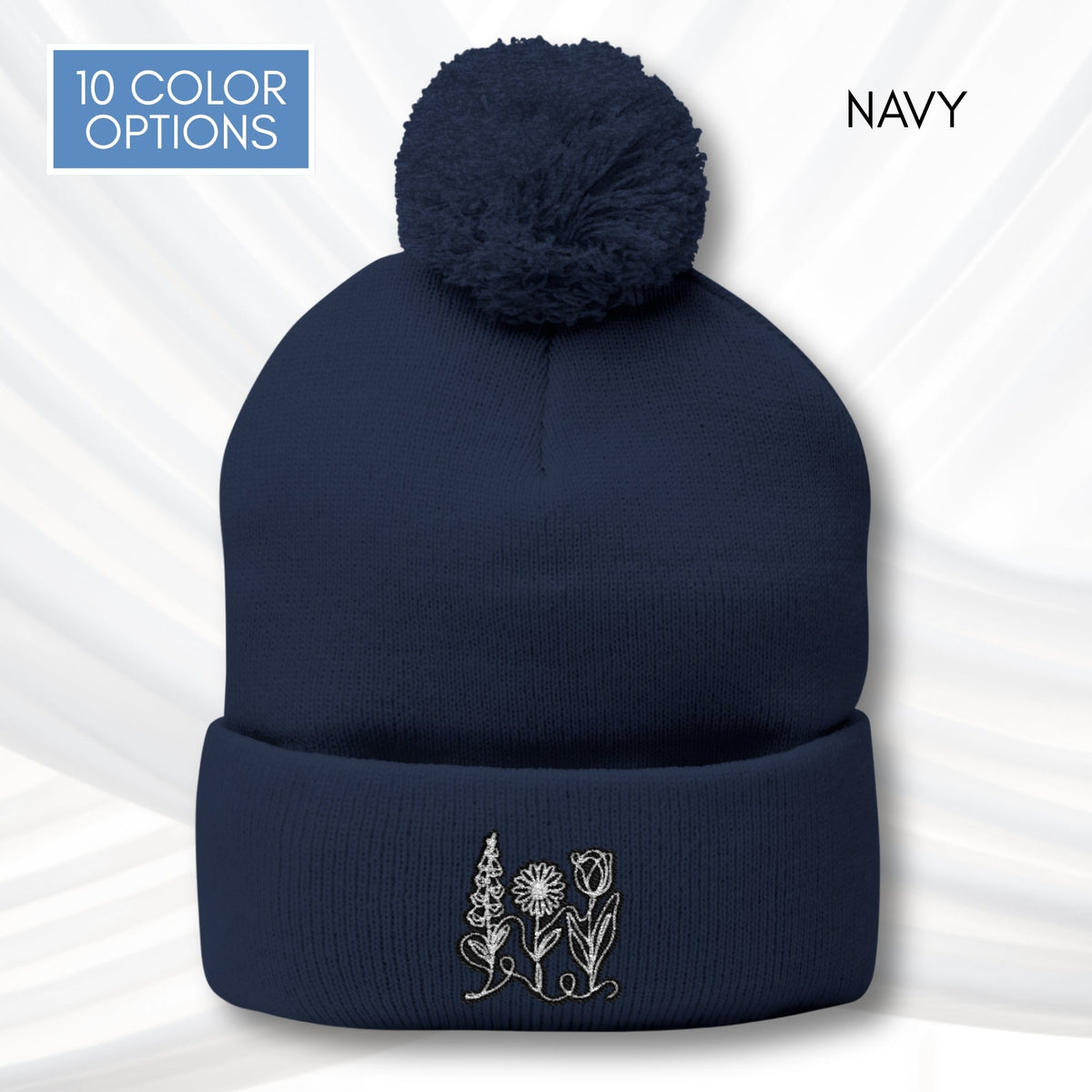 Foxglove Daisy Tulip Pom-Pom Knit Cap | Embroidered Subtle FDT Flowers Winter Hat