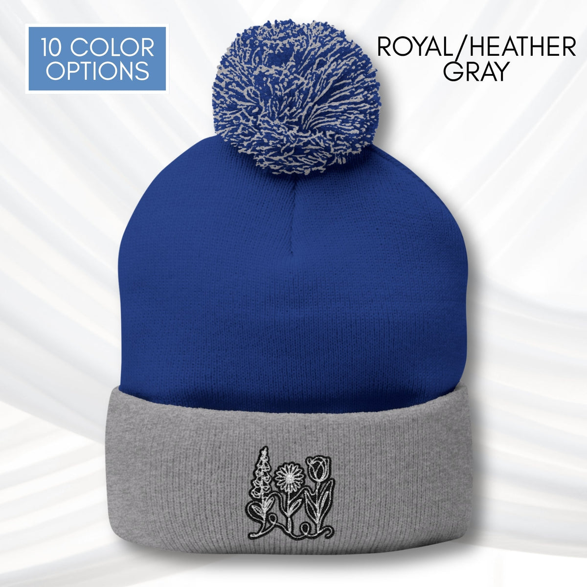Foxglove Daisy Tulip Pom-Pom Knit Cap | Embroidered Subtle FDT Flowers Winter Hat