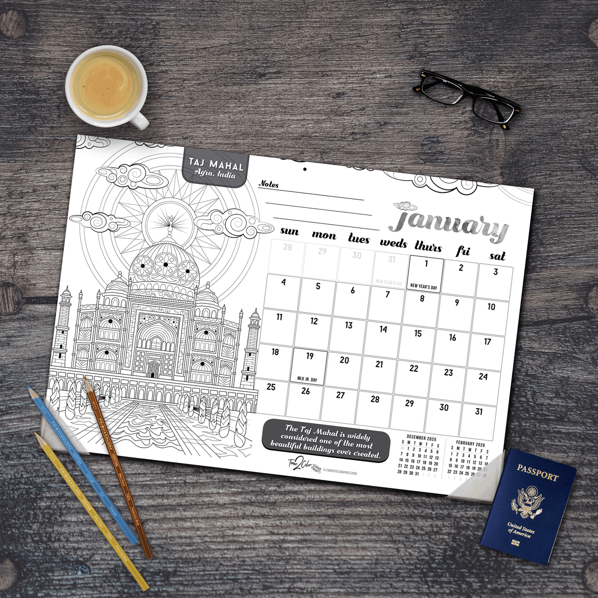 2027 Wonders Of The World 19” x 13” Home Edition Desk Blotter/Wall Coloring Calendar