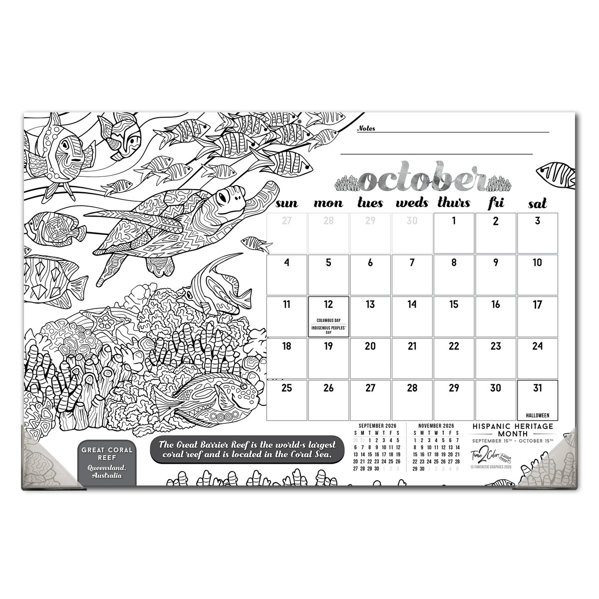 2027 Wonders Of The World 19” x 13” Home Edition Desk Blotter/Wall Coloring Calendar