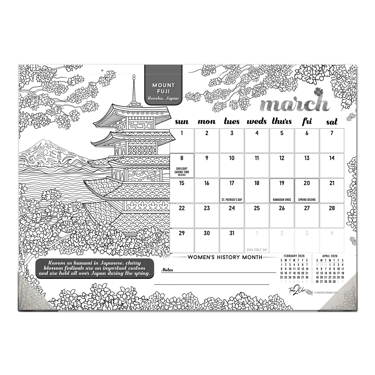 2027 Wonders Of The World 22” x 16” Office Edition Desk Blotter/Wall Coloring Calendar