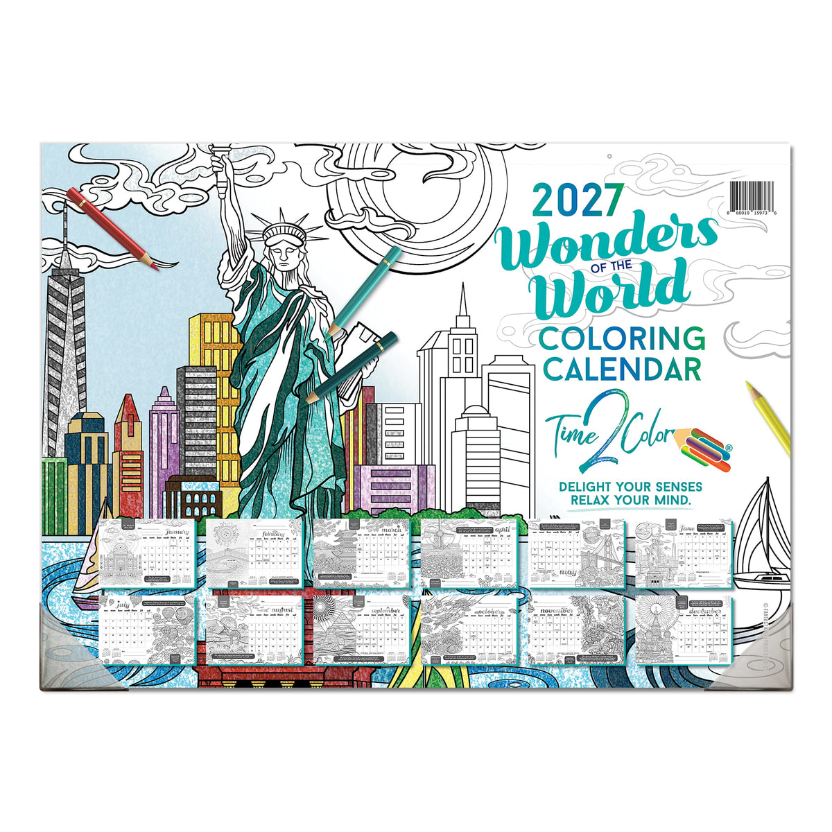 2027 Wonders Of The World 22” x 16” Office Edition Desk Blotter/Wall Coloring Calendar