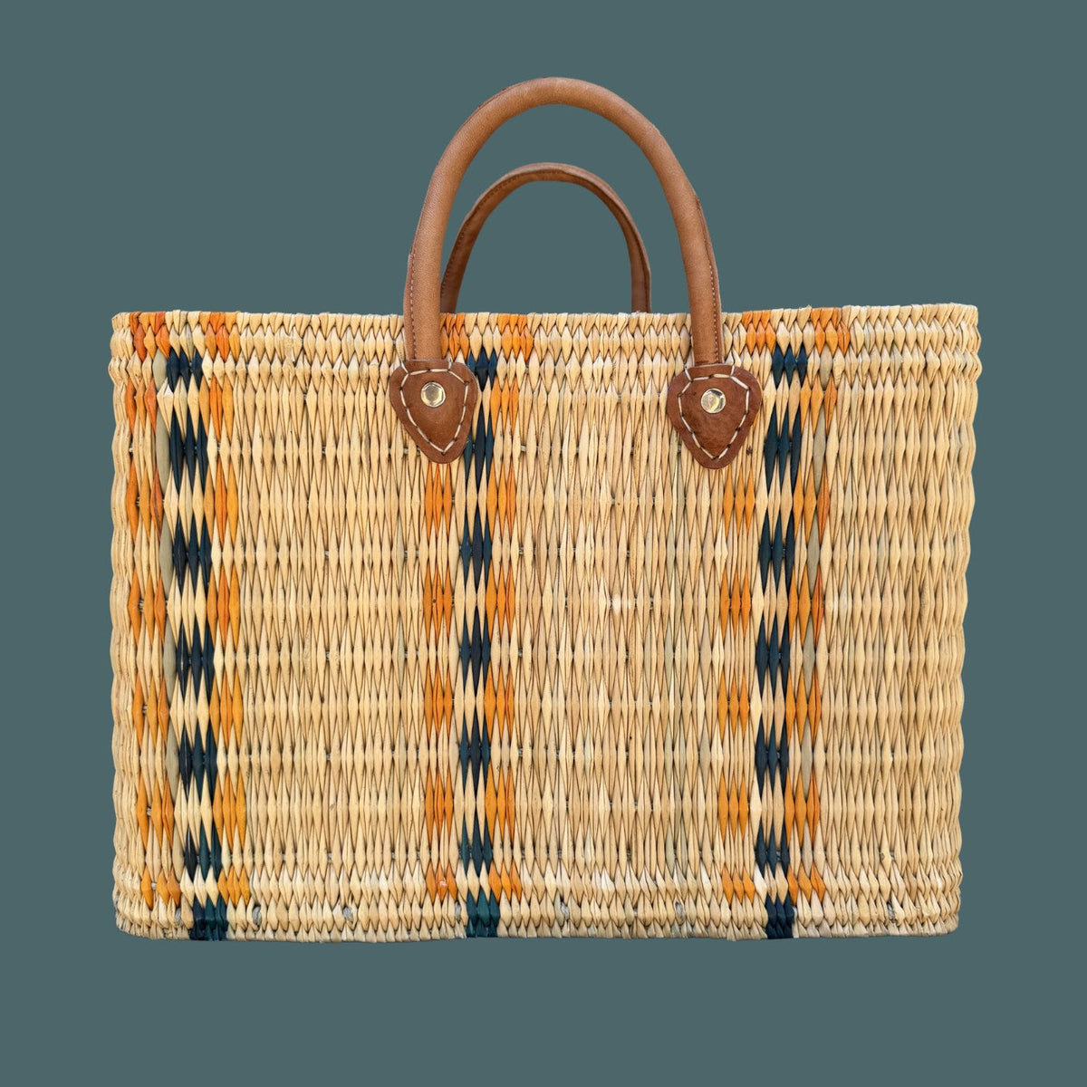 Structured Moroccan Market Basket Tote with Leather Handles with Accent Colors