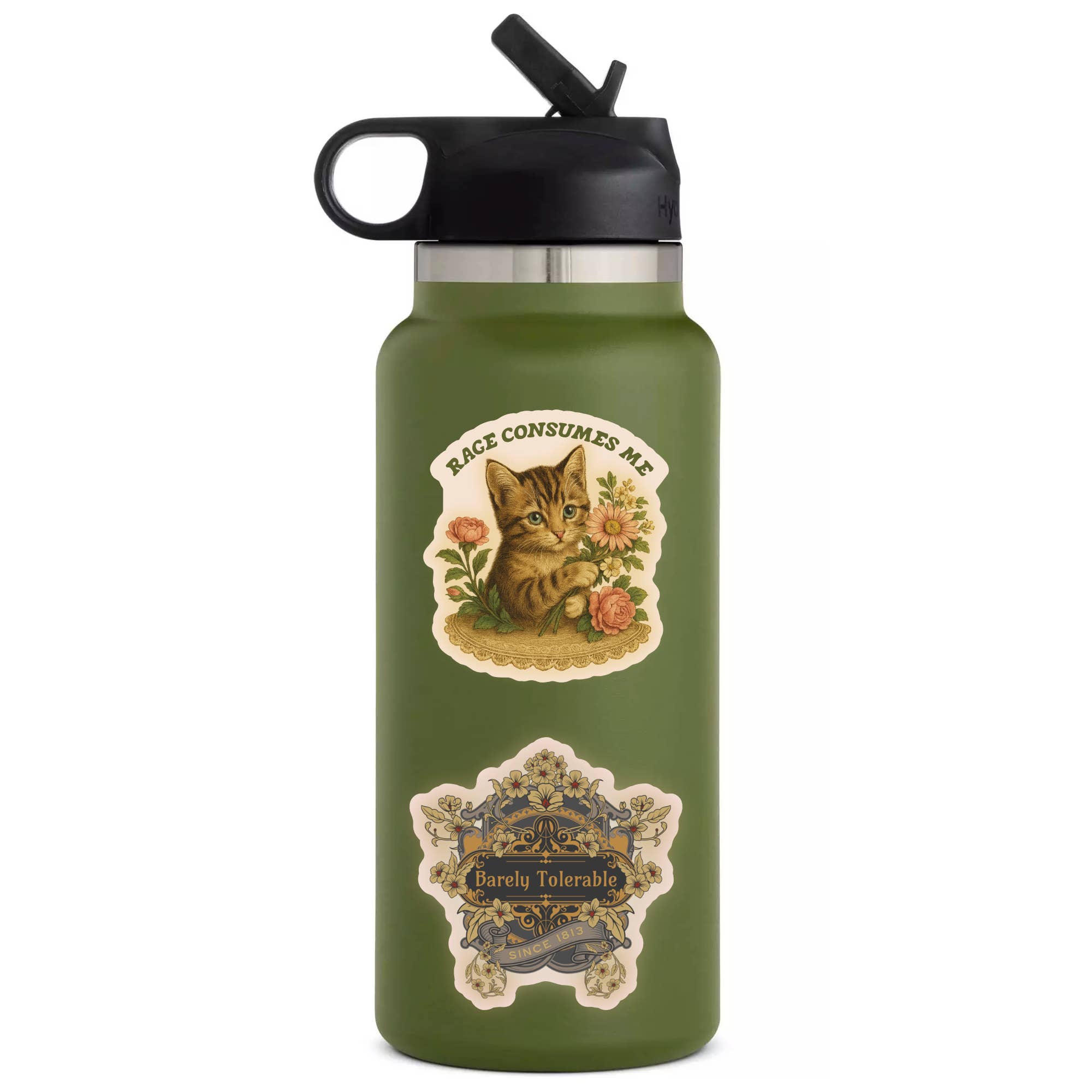 Green water bottle with cat illustration and text on a white background