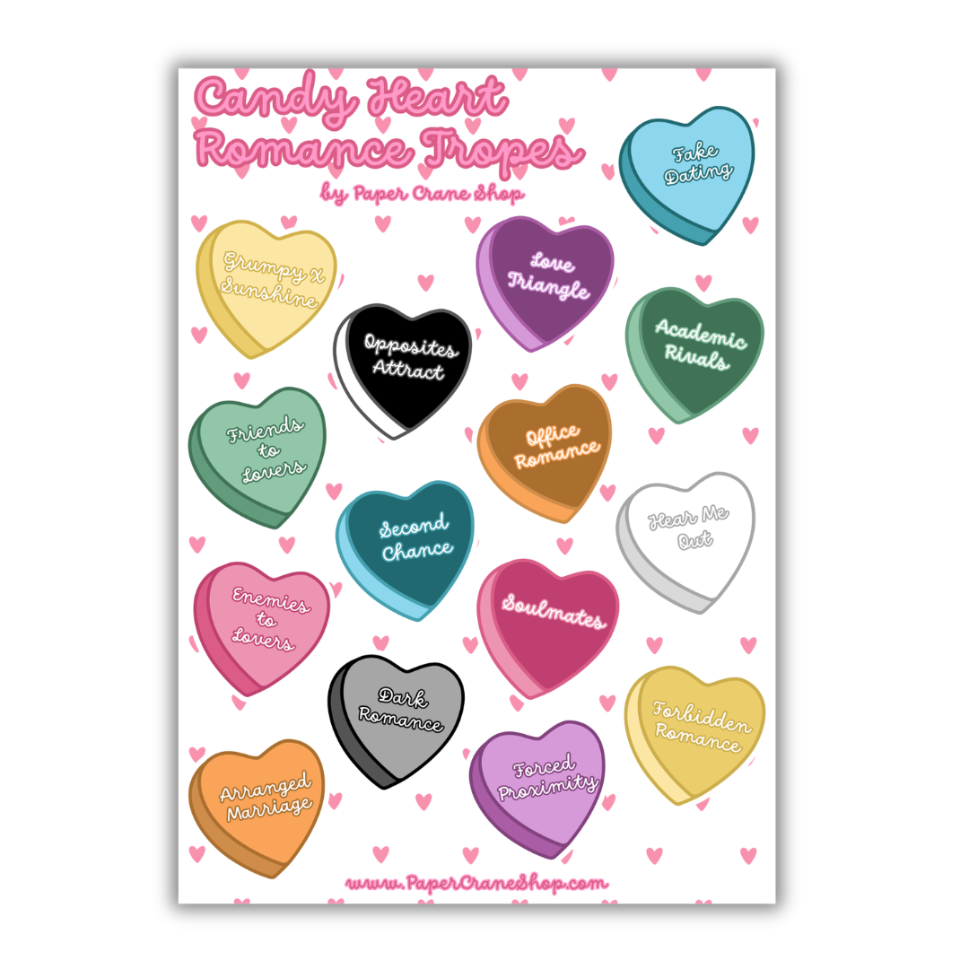 Sheet of candy heart stickers with romantic phrases on a white background