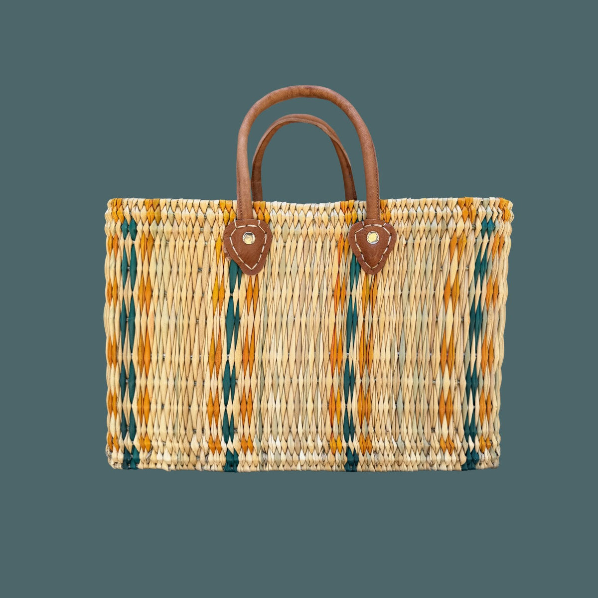 Structured Moroccan Market Basket Tote with Leather Handles with Accent Colors