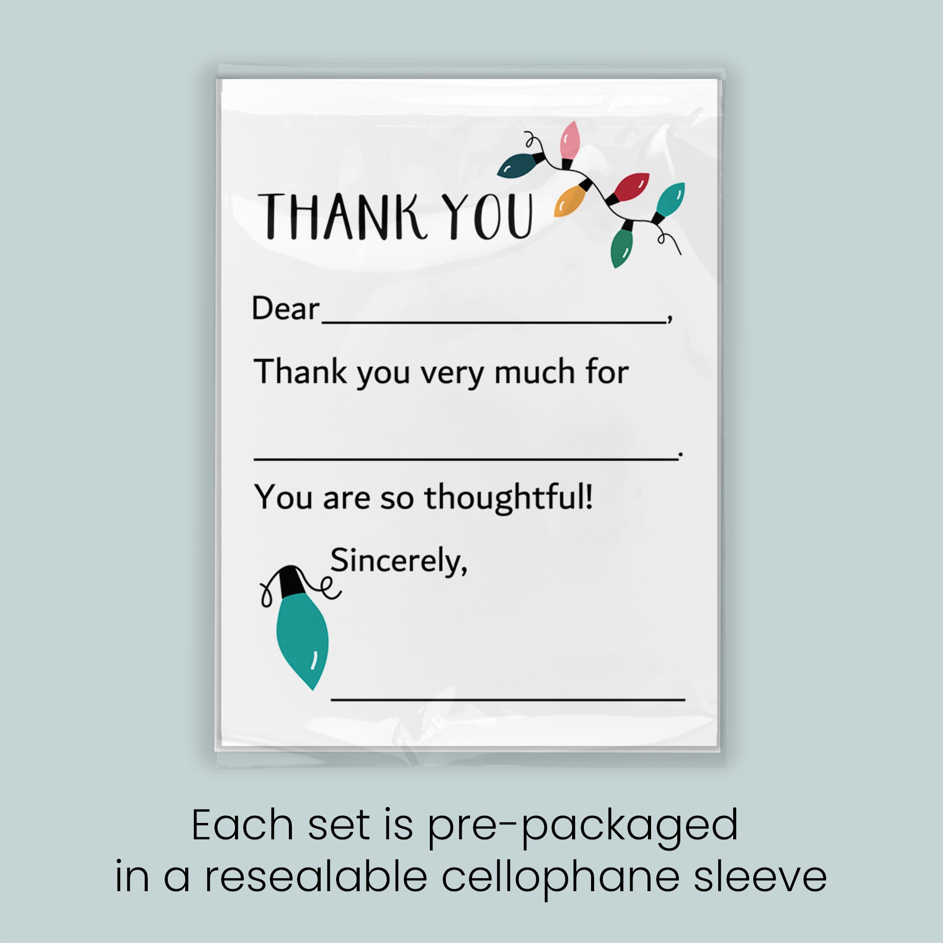The image is a thank you card with a message expressing gratitude for a thoughtful gift. Each set is pre-packaged in a resealable cellophane sleeve.